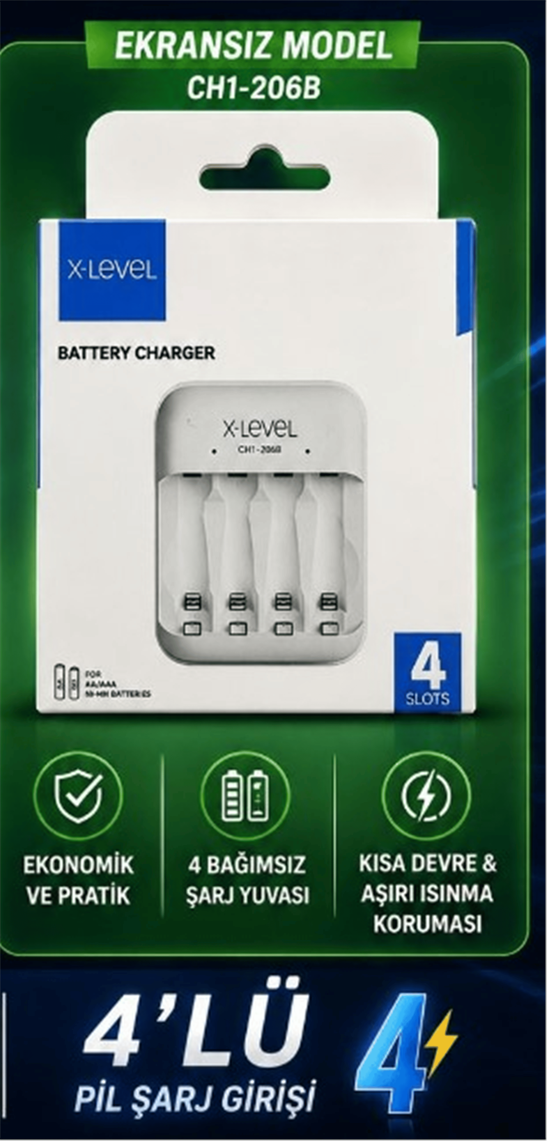 Mert-er Elektronik X-LEVEL CH1-206B 4'LÜ AA/AAA PİL ŞARJ CİHAZI - Kategorisiz