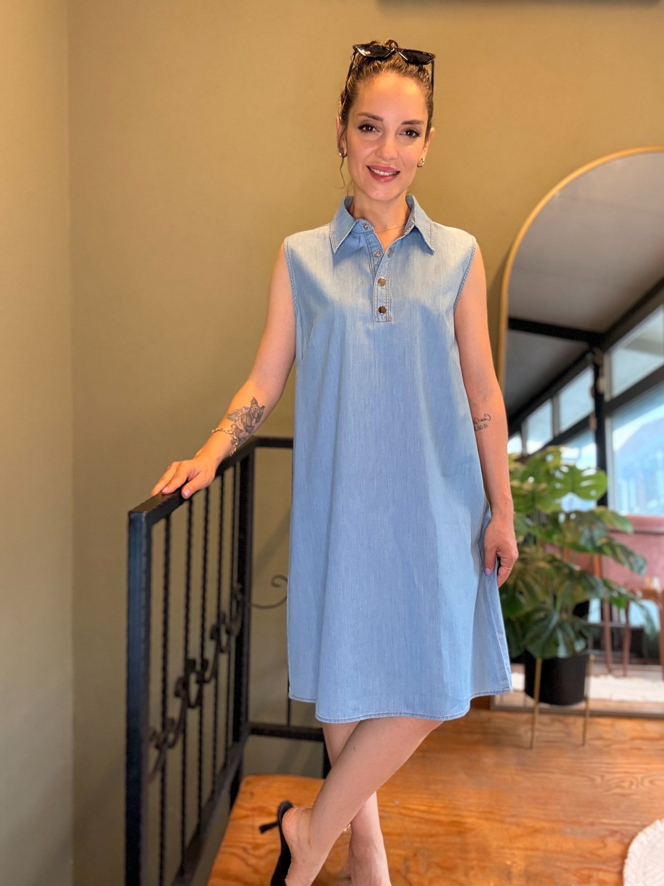 Açık Mavi Çıtçıtlı Tensel Midi Elbise