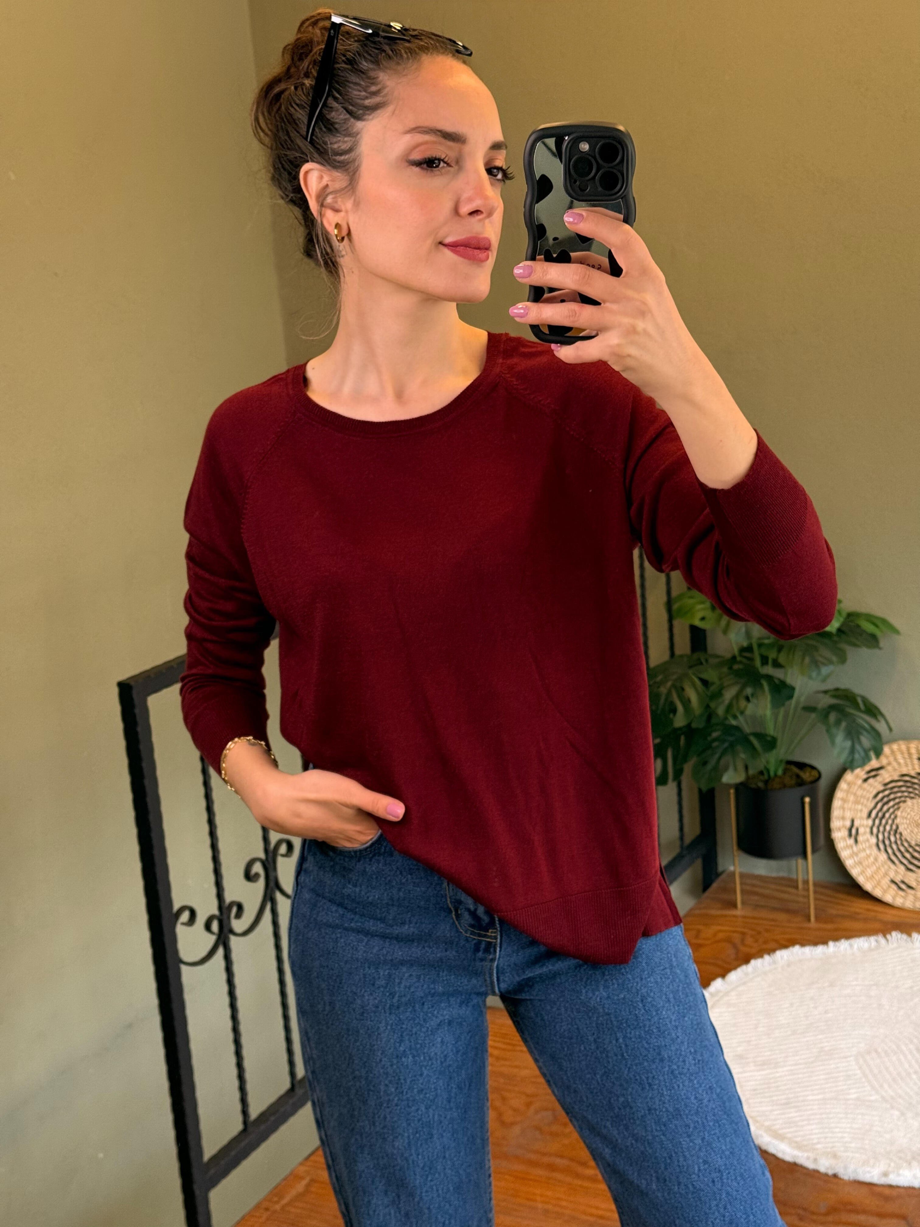 Bordo Bisiklet Yaka Basic İnce Triko
