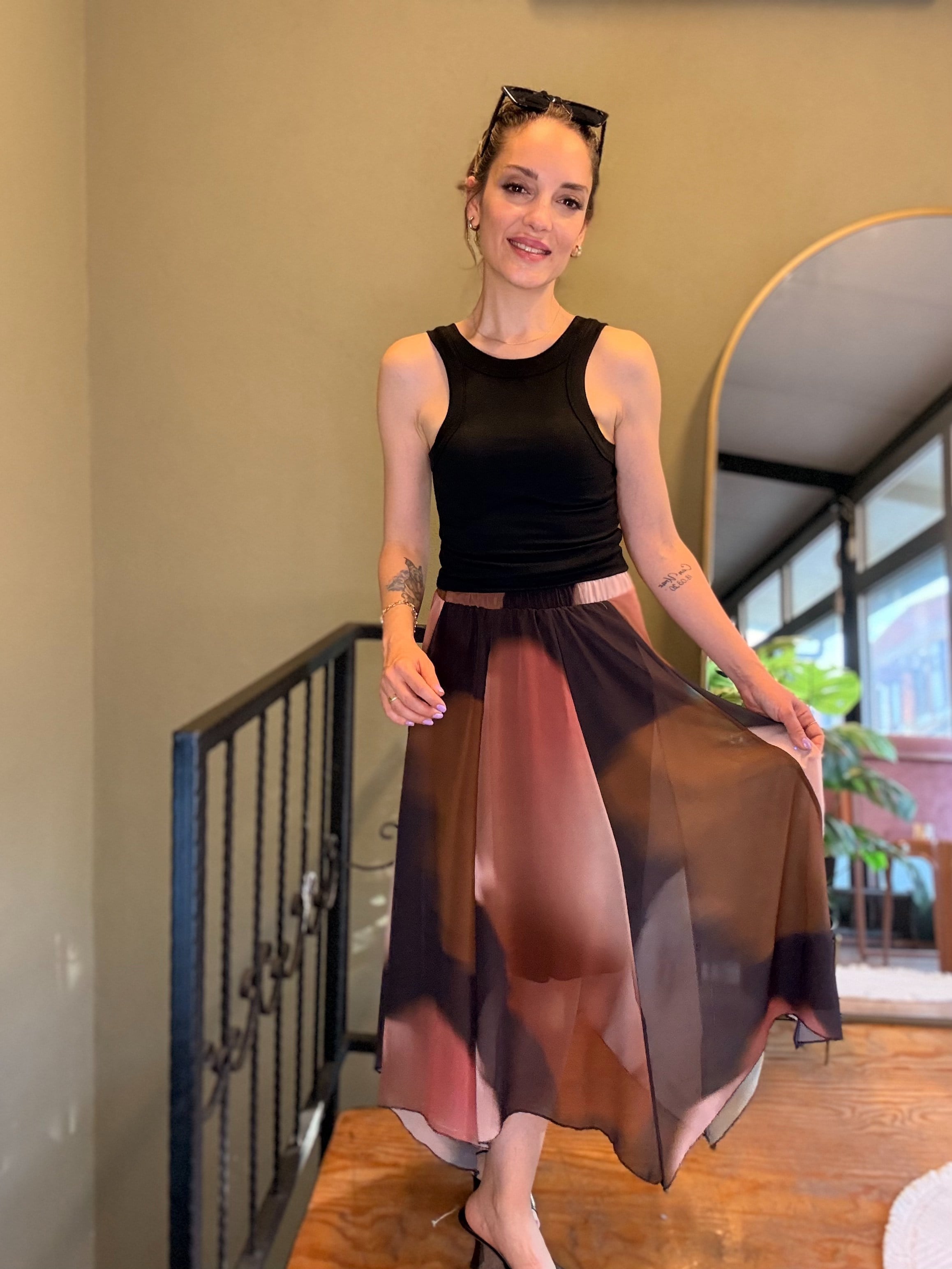 Kahve Batik Desen Asimetrik Şifon Etek