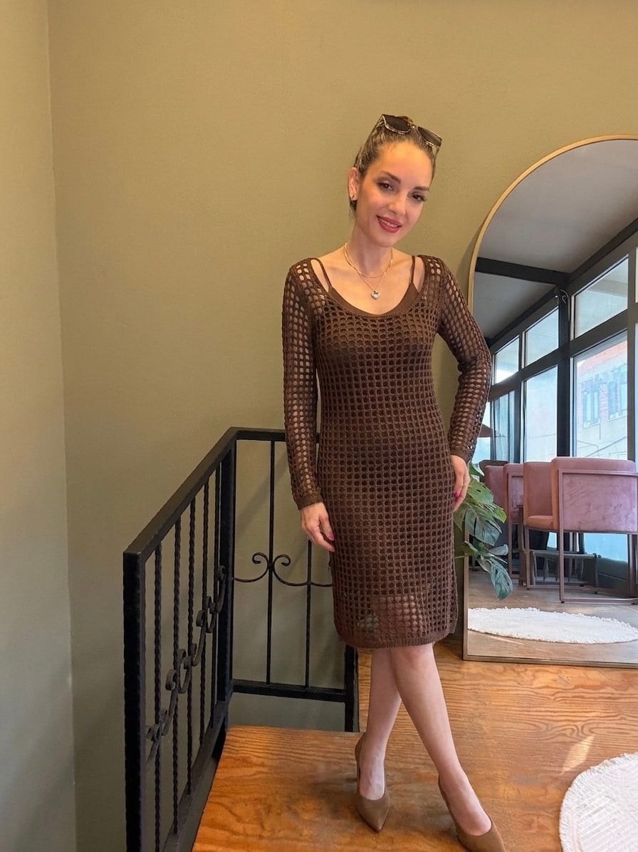 Kahve Uzun Kollu File Örgü Crochet Elbise