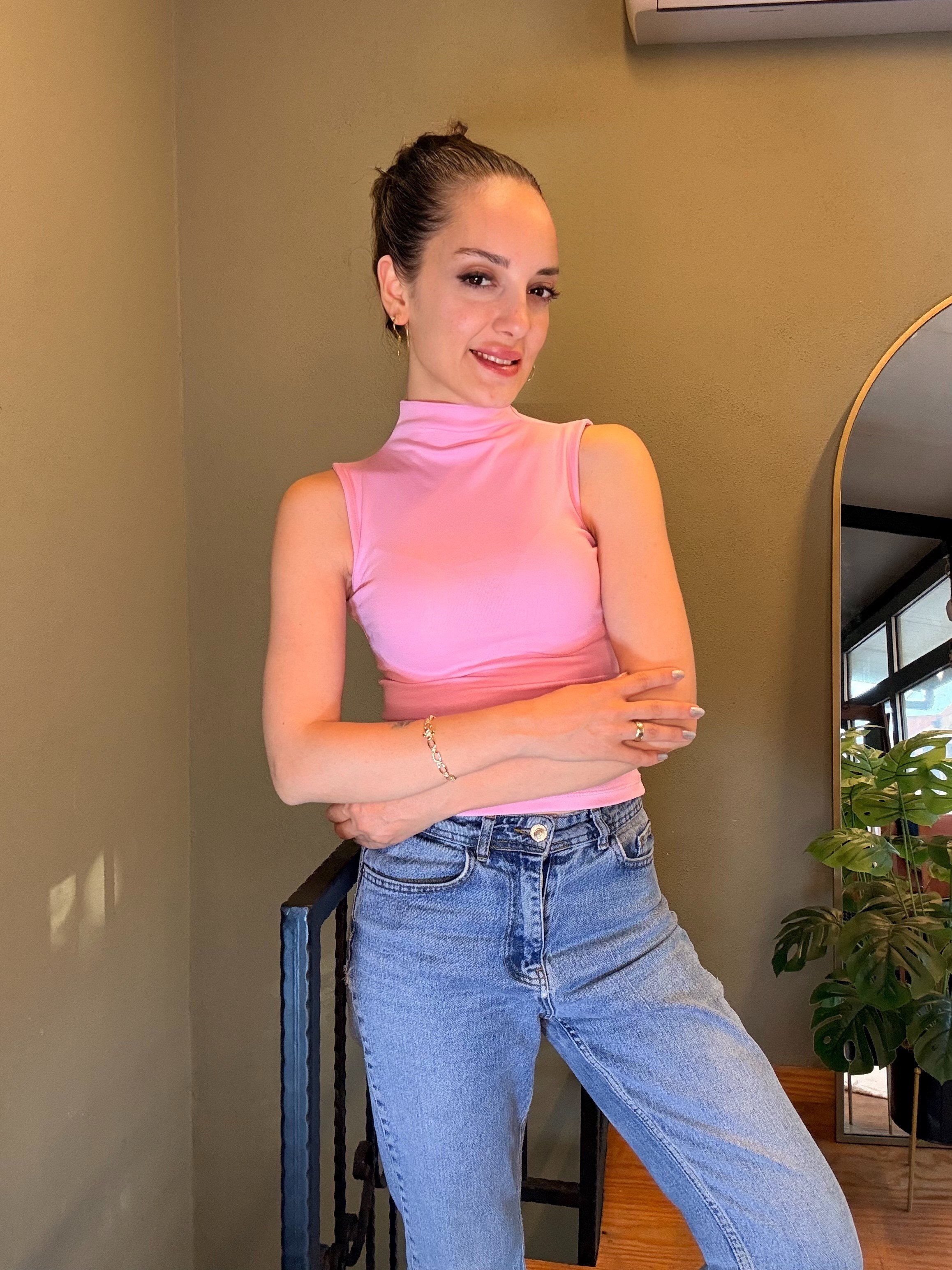 Pembe Dik Yaka Viskon Bluz