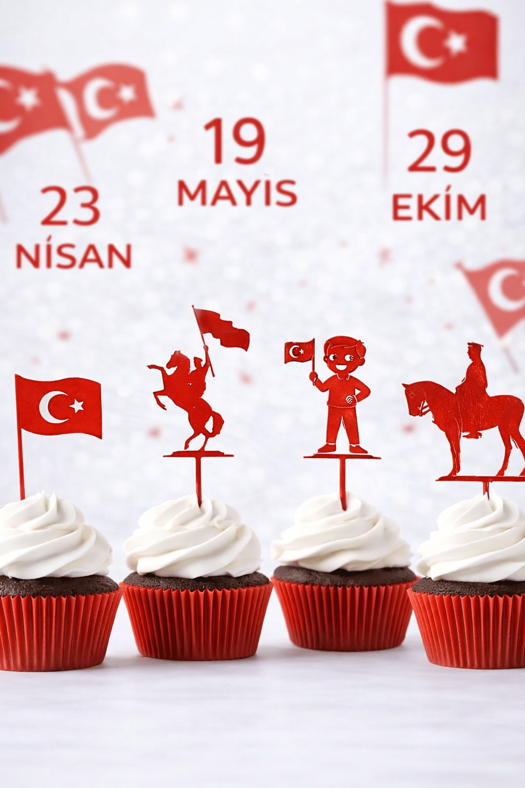 23 Nisan Çocuk Bayramı 4lü Tekrar Kullanılır Pasta Kürdanı Cupcake Kek Tatlı Kırmızı Plastik