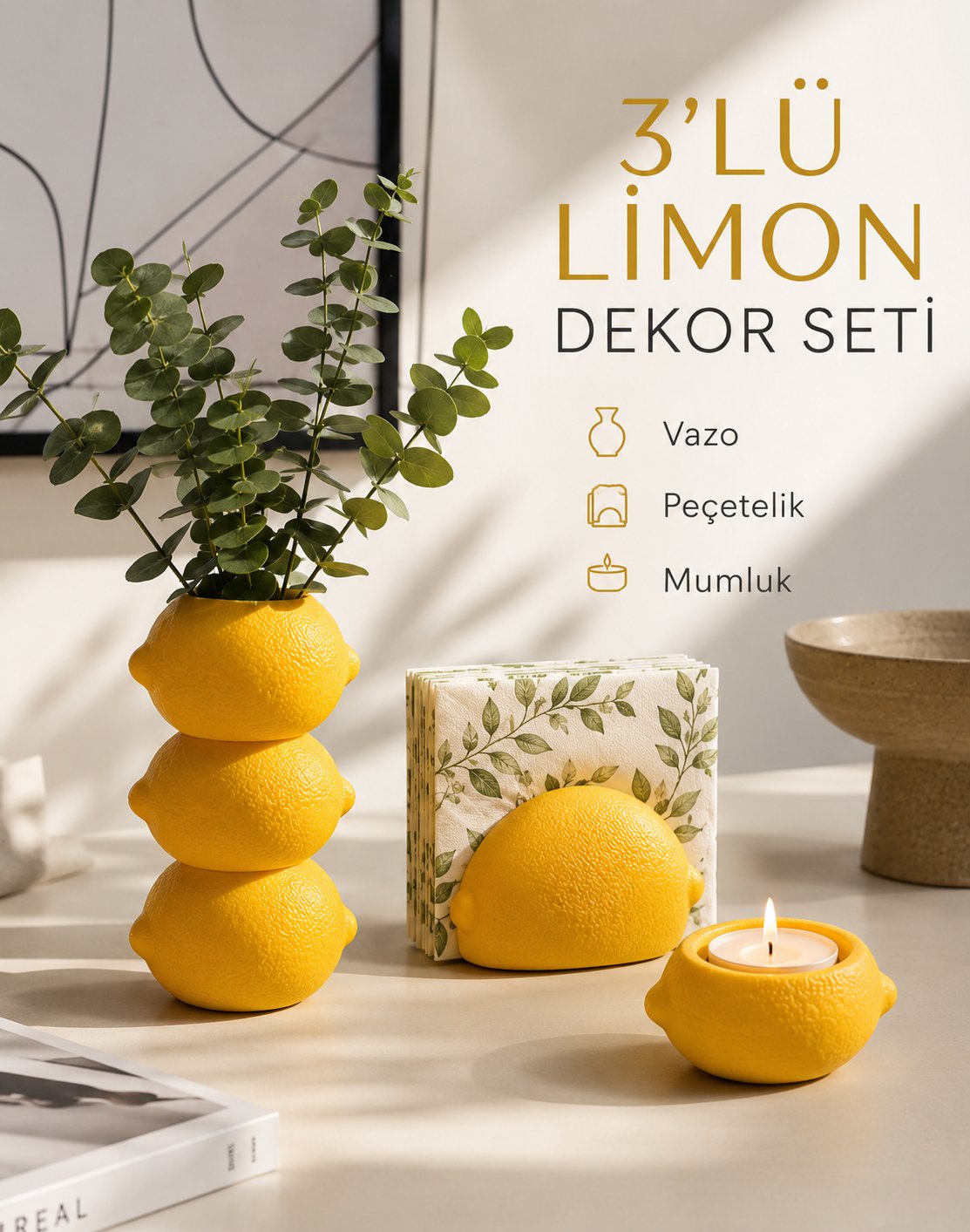 Dekoratif Üç Katlı Limon Tasarım Vazo , Peçetelik, Mumluk - Mutfak Ve Salon Dekorasyonu - Bioplastik