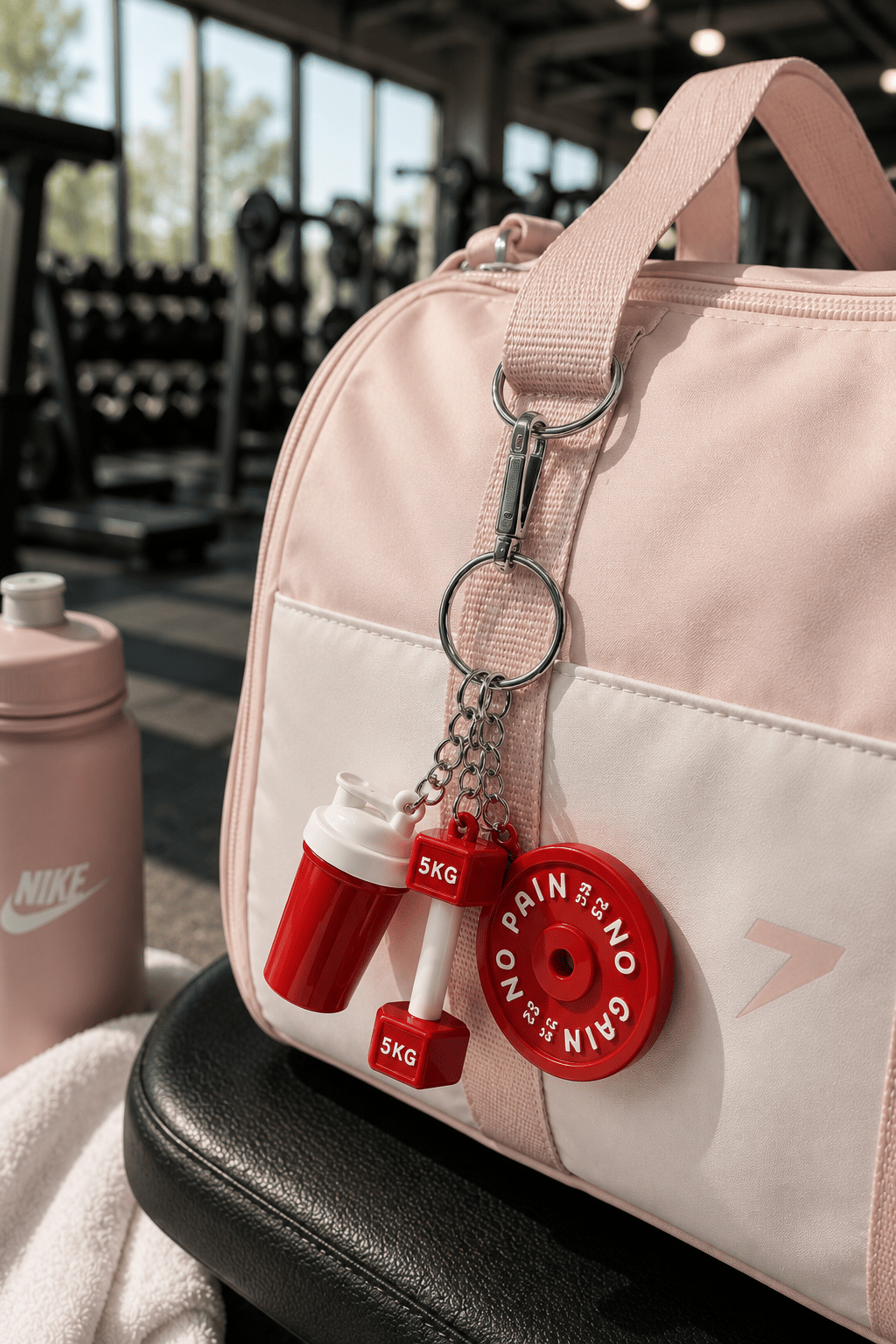 Fitness Spor Çantası Charm Anahtarlık – Plastik Shaker, Dumbbell ve Plaka Figürlü Bag Charm 