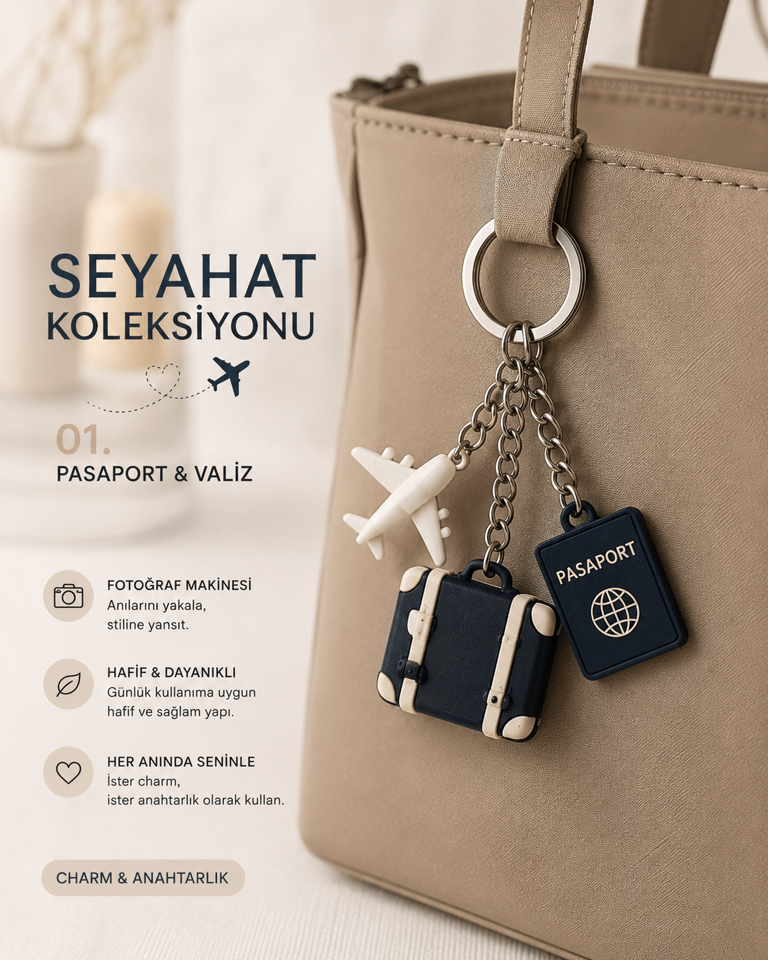 Seyahat Temalı Bag Charm Çanta Aksesuarı – Uçak, Bavul & Pasaport Anahtarlık