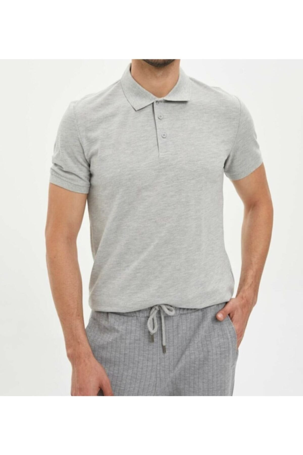 Erkek Gri Basic Polo Yaka T-shirt
