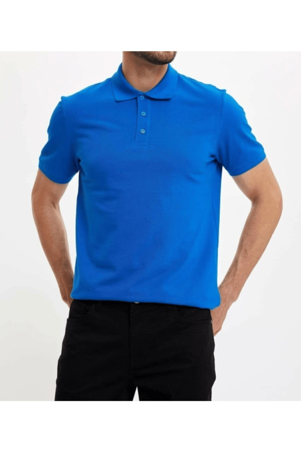 Erkek Mavi Polo Yaka Slimfit Basic Tshirt