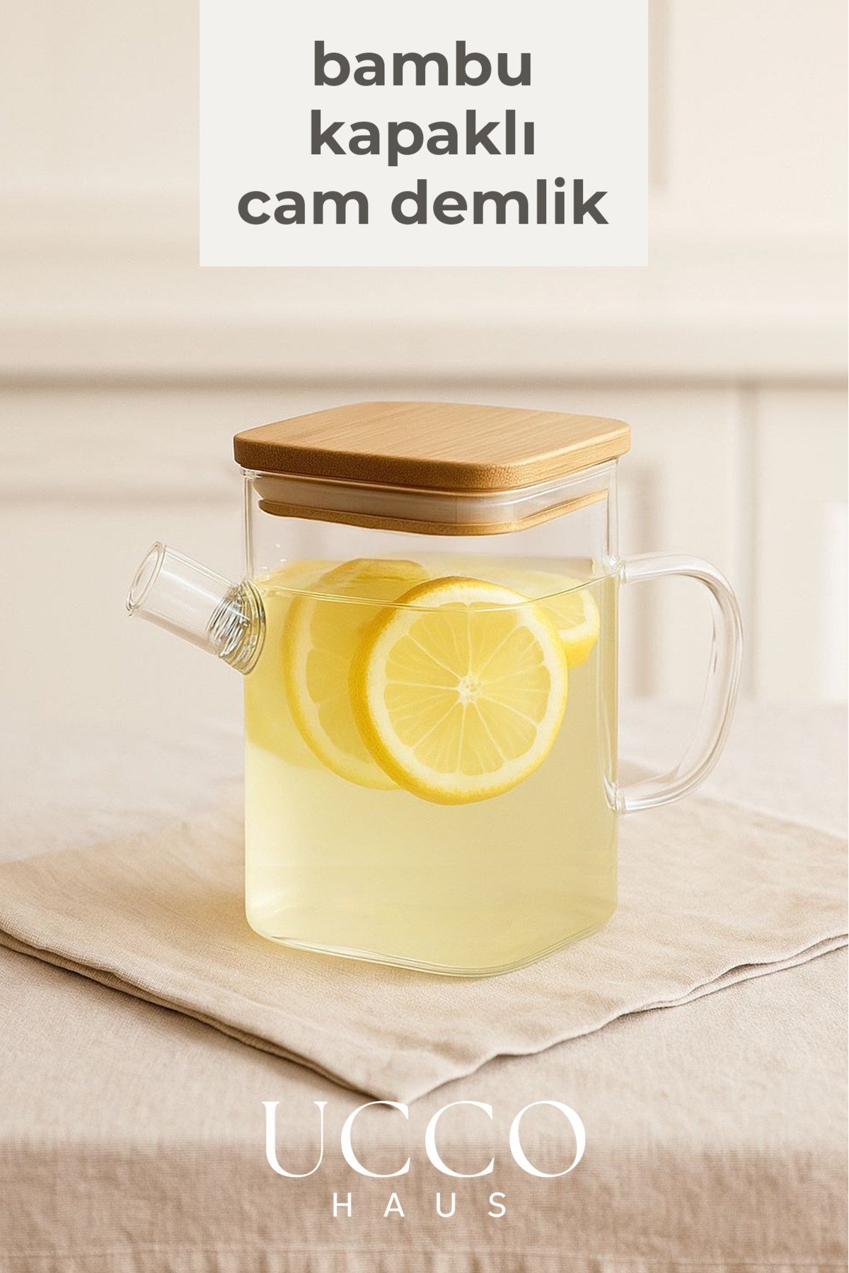 1 Litre Bambu Kapaklı Boroslikat Cam Demlik Sürahi | Detox, Limonata, Bitki Çayı, Yağdanlık Mutfak