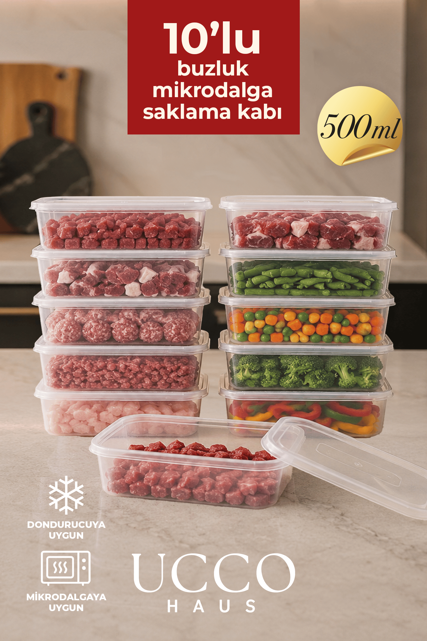10 Adet 500ml Ekonomik Plastik Buzdolabı Dondurucu Erzak Sızdırmaz Saklama Kabı Buzluk Organizer