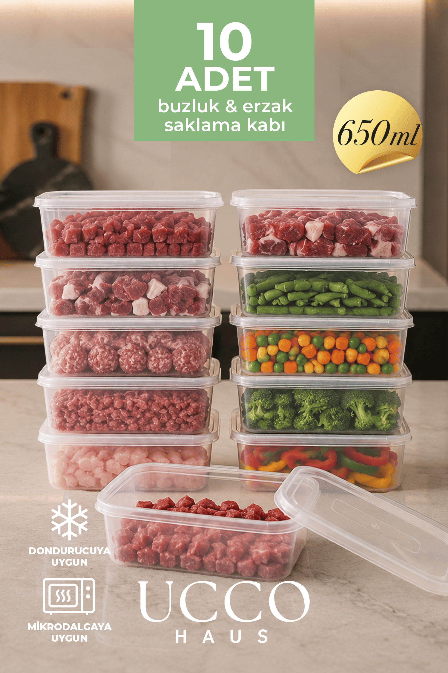 10 Adet 650ml Ekonomik Buzluk & Mikrodalga Sızdırmaz Saklama Kabı Seti Buzluk Organizer
