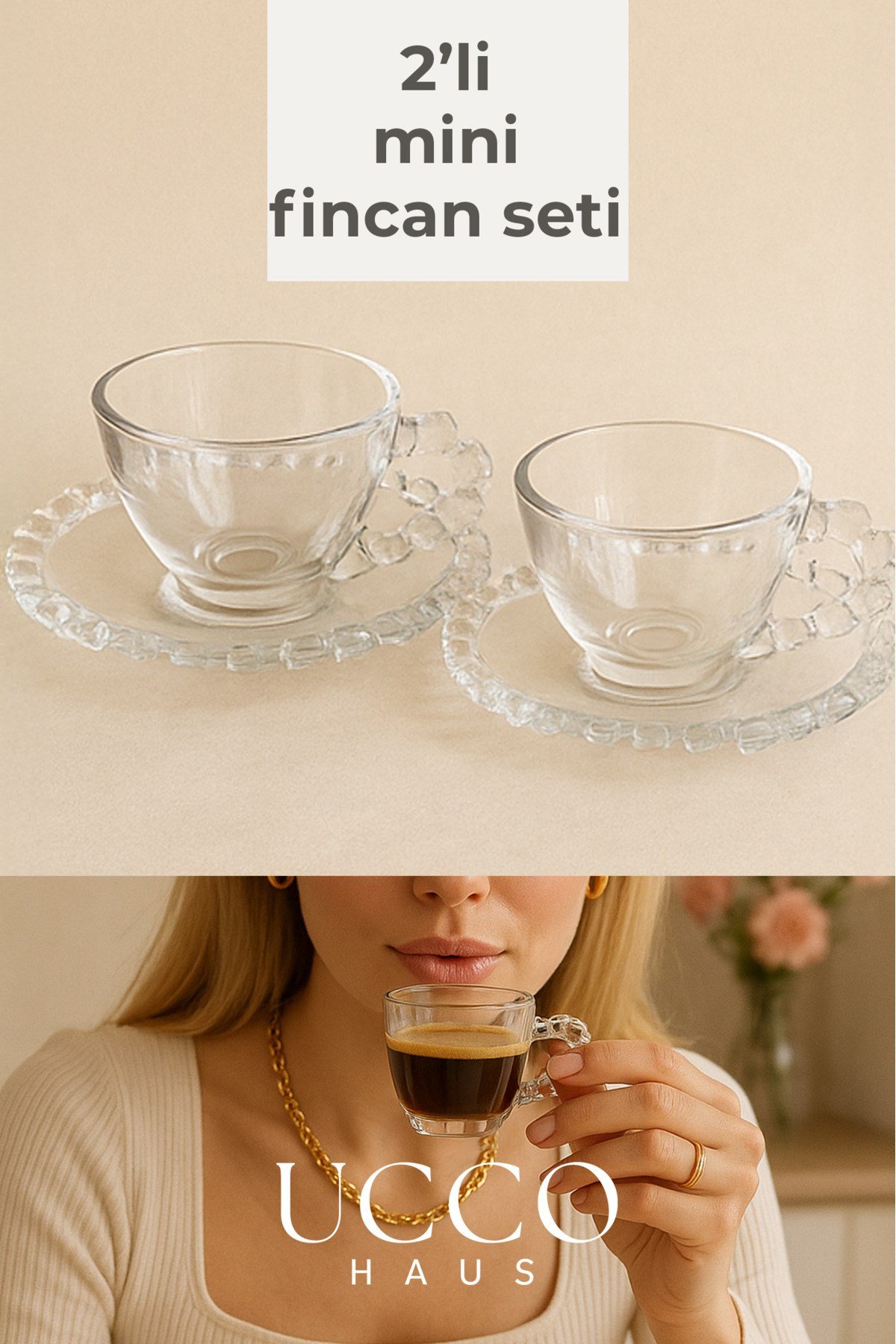 2'li Cam Fincan Seti | 2 Bardak + 2 Tabak Kahve Fincanı Çay Fincanı | Şık Kahve ve Çay Sunum Bardağı