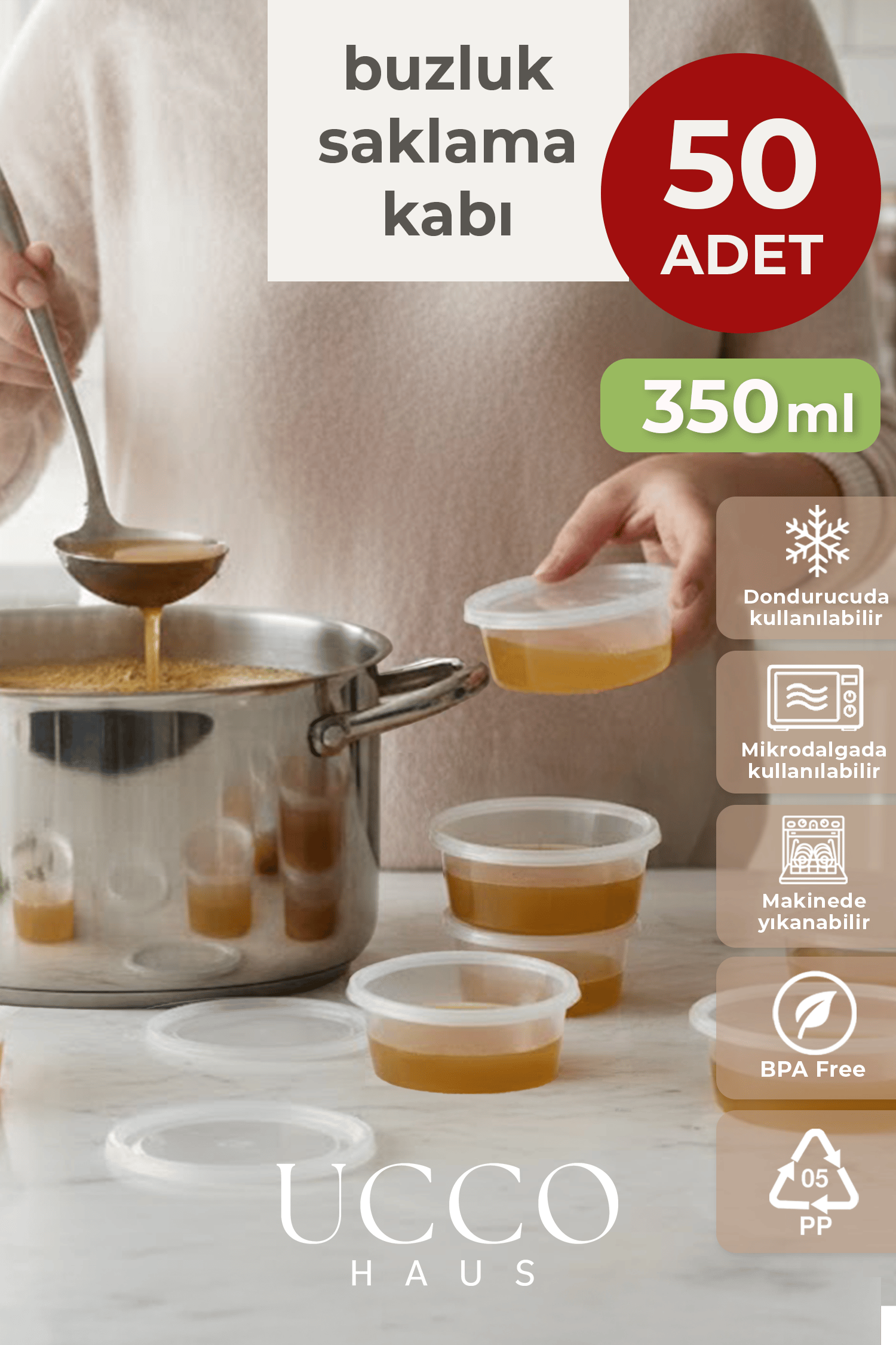 50 Adet 350 ml Sızdırmaz Kapaklı Sosluk Buzluk Saklama Kabı, Et Suyu, Kemik Suyu Mutfak Organizeri
