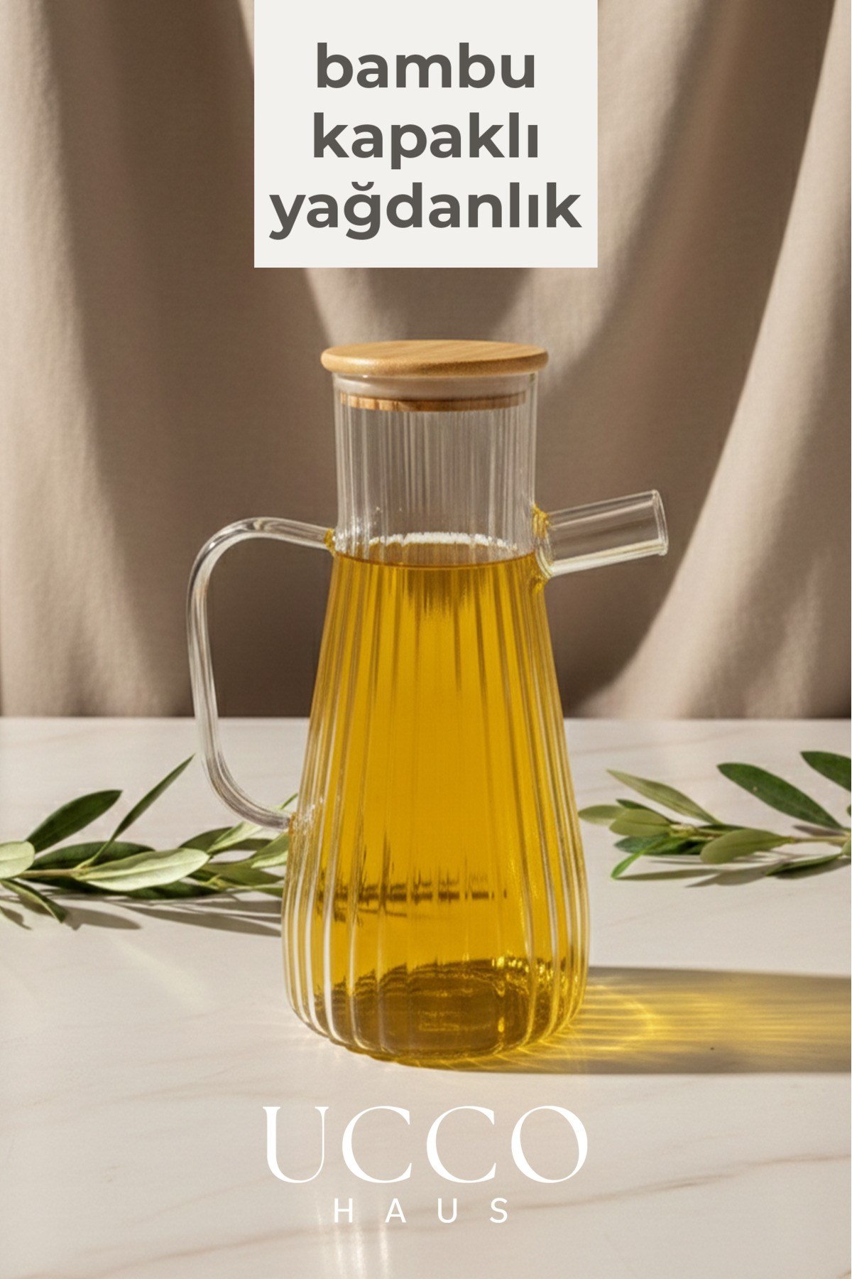 900 ml Bambu Kapaklı Vakumlu Borosilikat Cam Yağlık Sirkelik Sürahi Yağdanlık