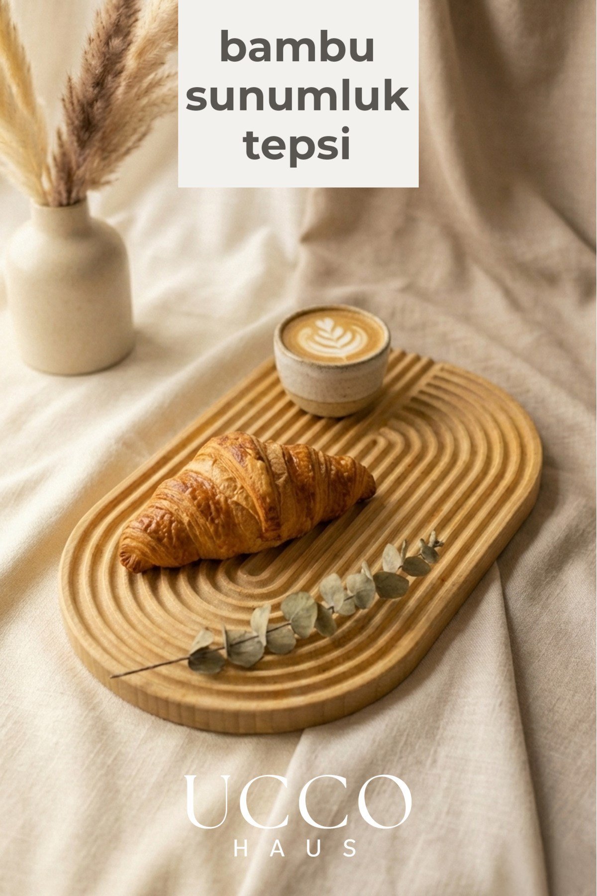Doğal Bambu Sunumluk - 33x20X1,3cm– Kahve, Tatlı, Peynir Oval Oluklu Servis Tabağı Tepsi