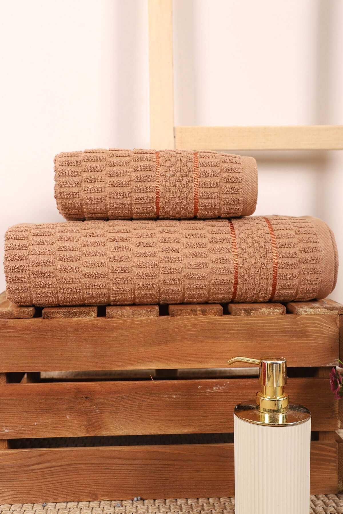 2 Parça Banyo Havlu Takımı %100 Pamuklu Çubuk Desen Kahverengi
