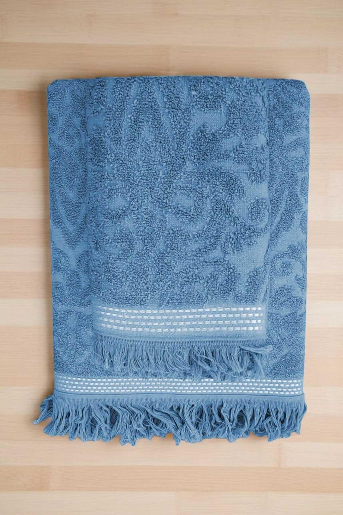 2 Parça Jakarlı Banyo Havlu Takımı %100 Pamuklu 90x150 Cm Arden Mavi