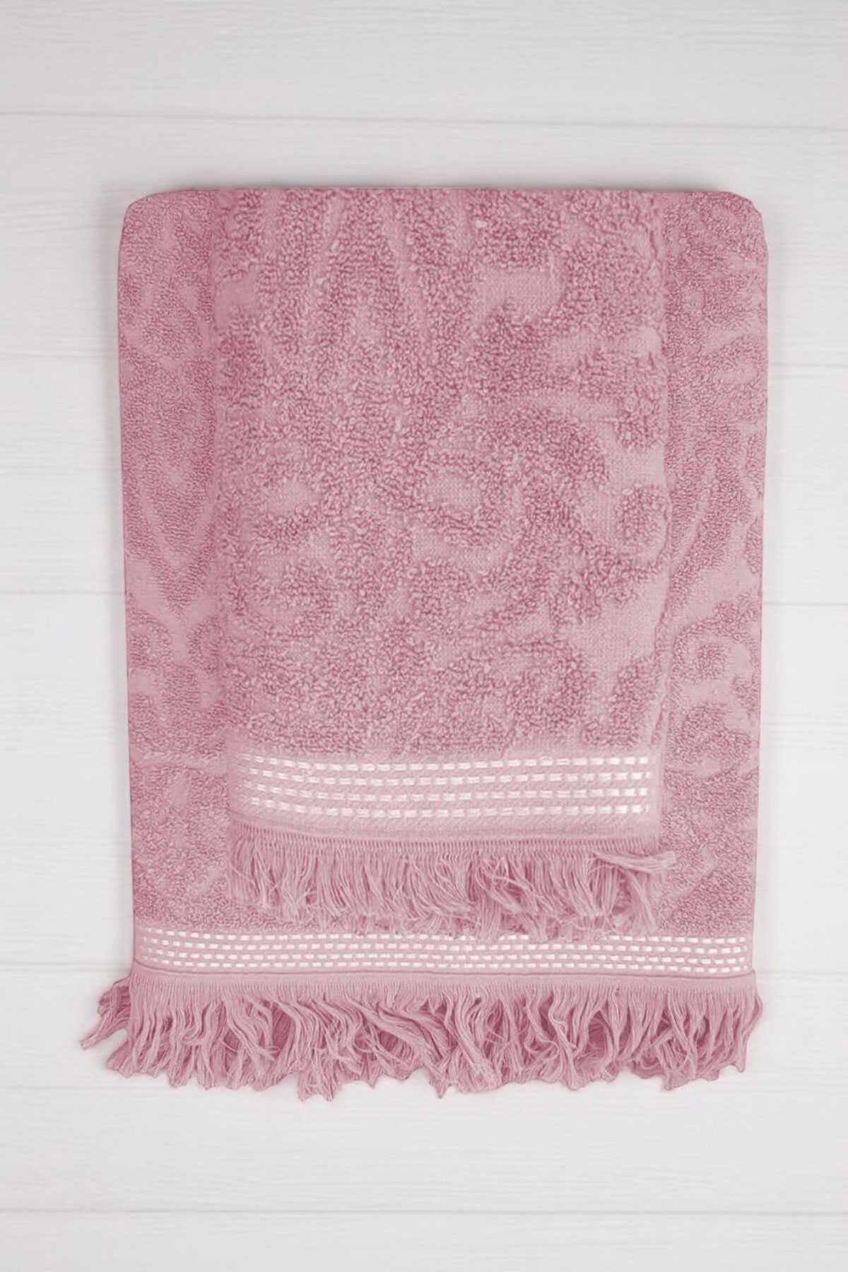 2 Parça Jakarlı Banyo Havlu Takımı %100 Pamuklu 90x150 Cm Arden Pembe