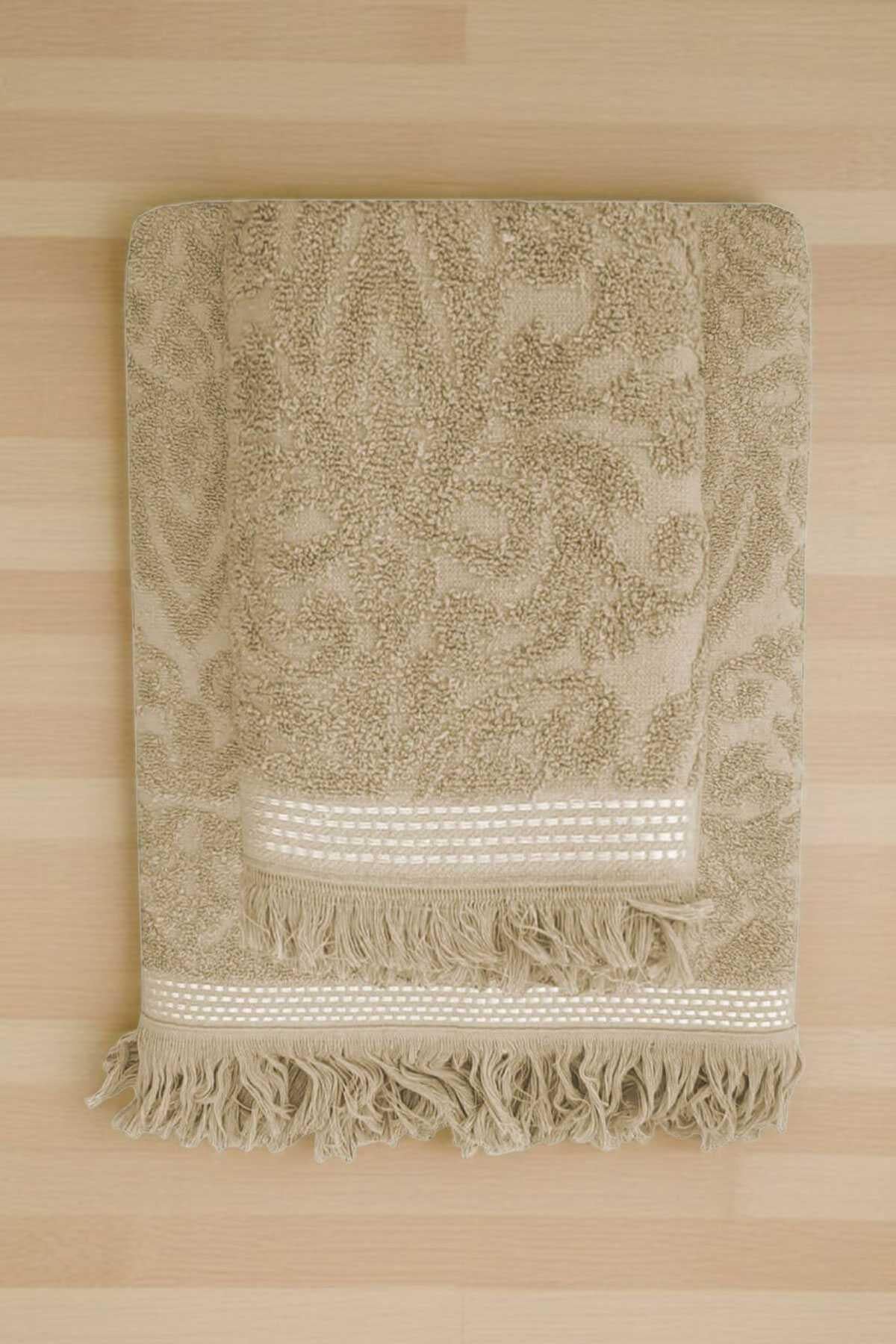 2 Parça Jakarlı Banyo Havlu Takımı %100 Pamuklu 90x150 Cm Arden Bej
