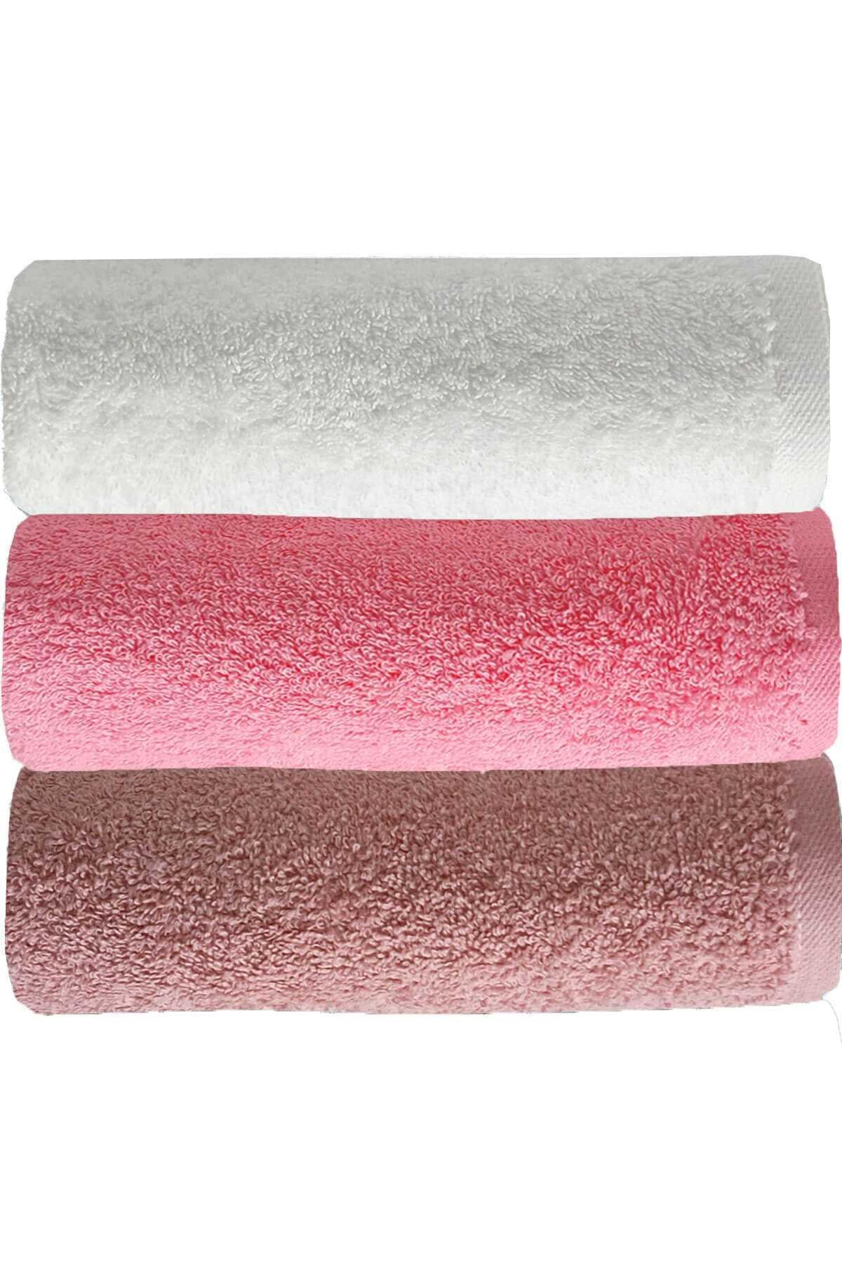3 lü Düz Renk El Yüz Havlu Seti %100 Pamuklu 50x90 Cm Gül-Pembe-Beyaz