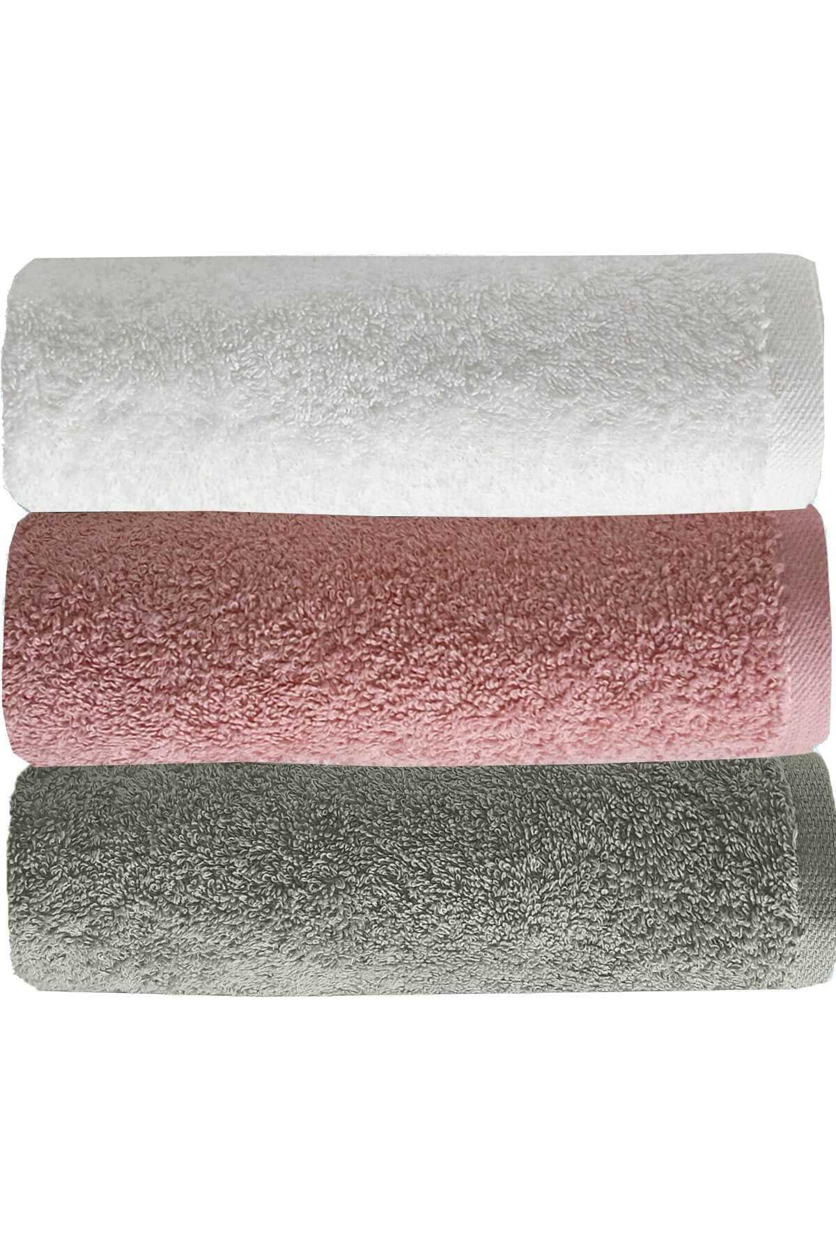 3 lü Düz Renk El Yüz Havlu Seti %100 Pamuklu 50x90 Cm Gri-Gül-Beyaz