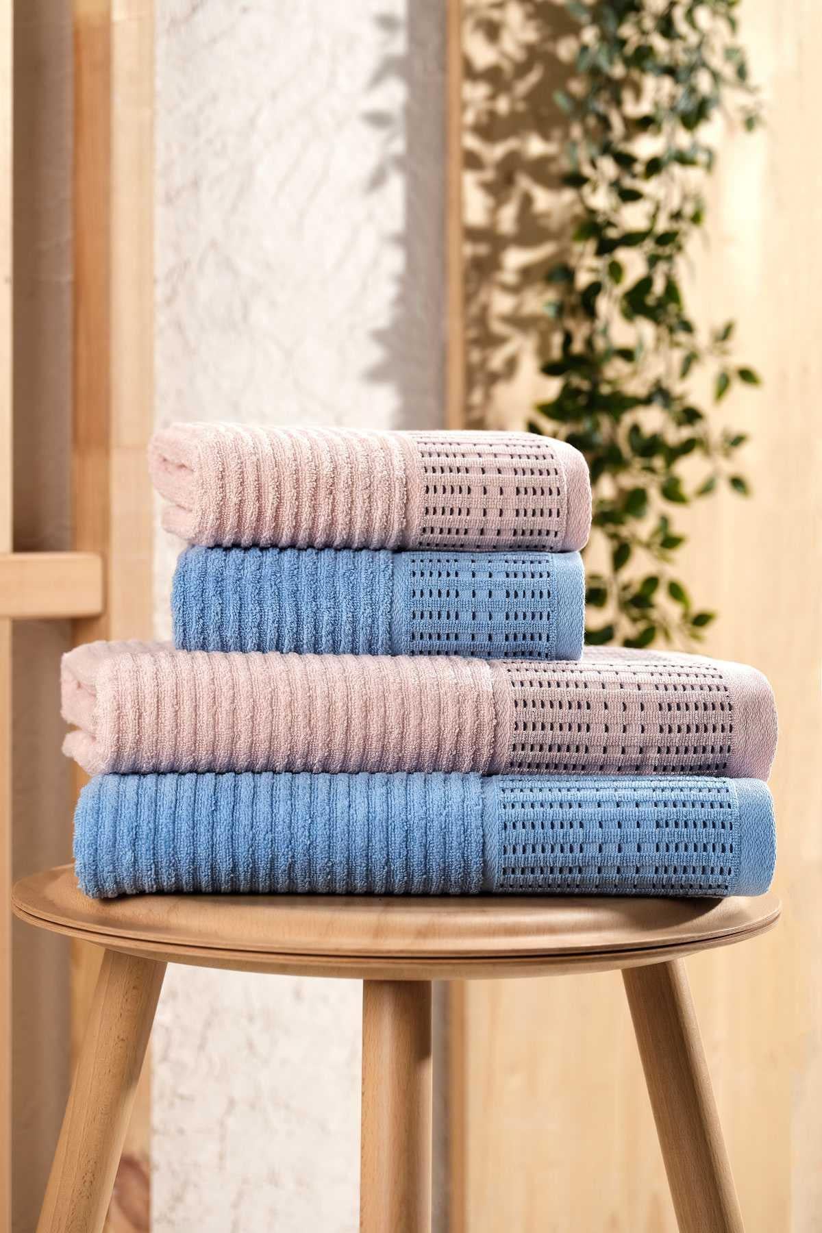 4 Parça Büyük Boy Banyo Havlu Takımı %100 Pamuklu Marena Mavi Pudra