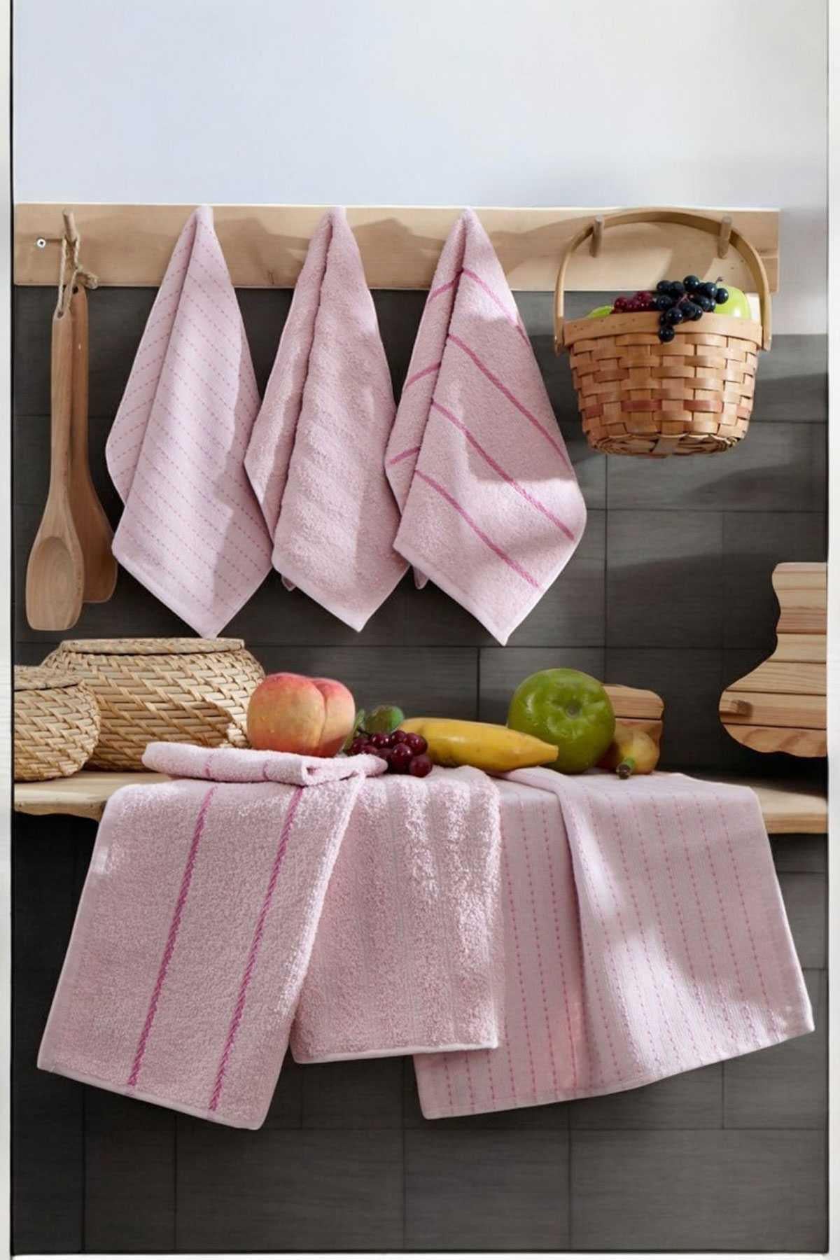 6 lı Luna Naturel Mutfak Havlu Seti %100 Pamuklu 30X50 Cm Pudra