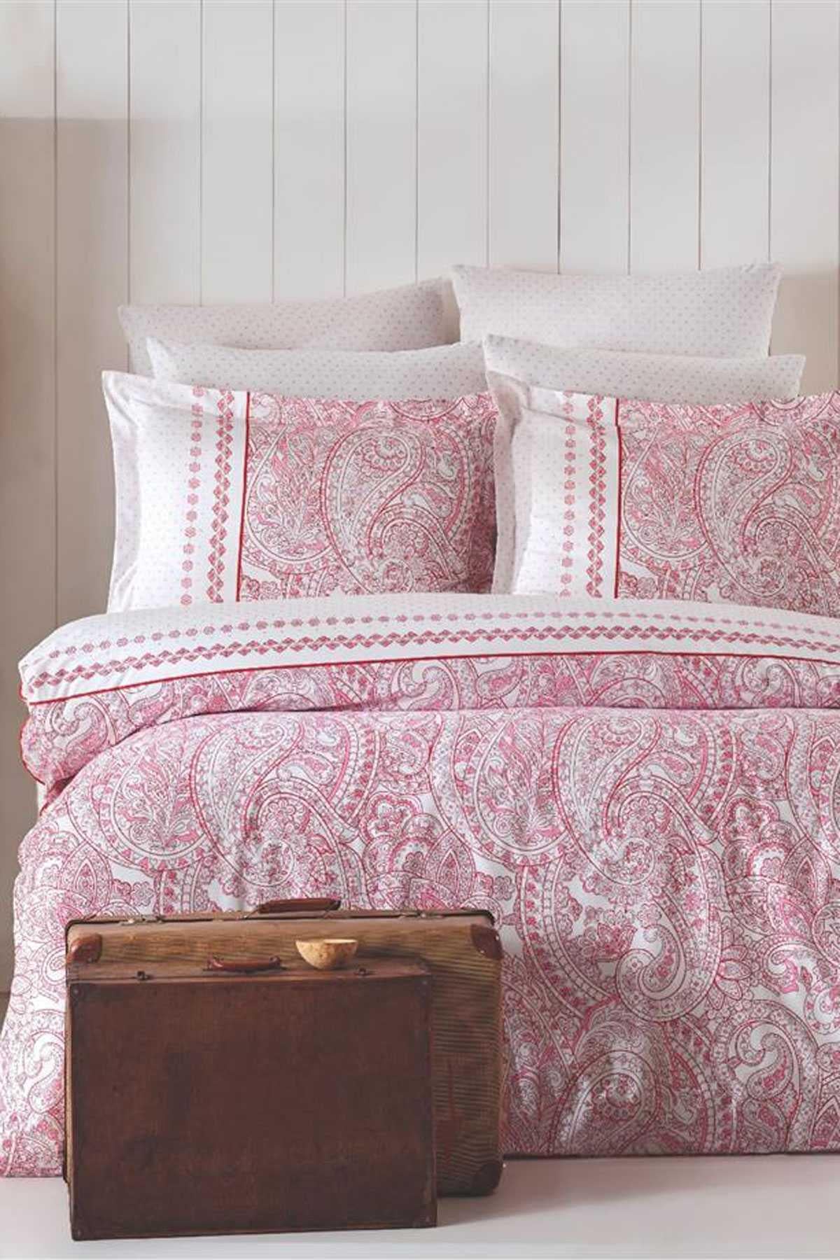 Çift Kişilik Nevresim Takımı Pamuklu Vintage Pembe Paisley
