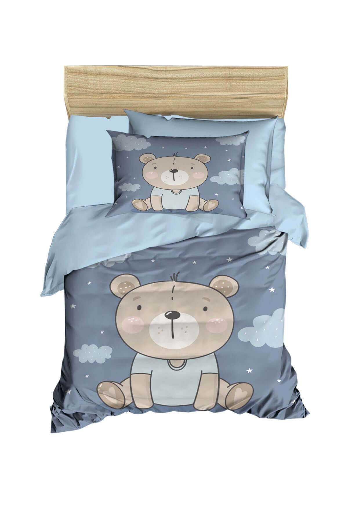 Dijital Baskılı 3d Pamuklu Yenidoğan Bebek Nevresim Takımı Blue Bear