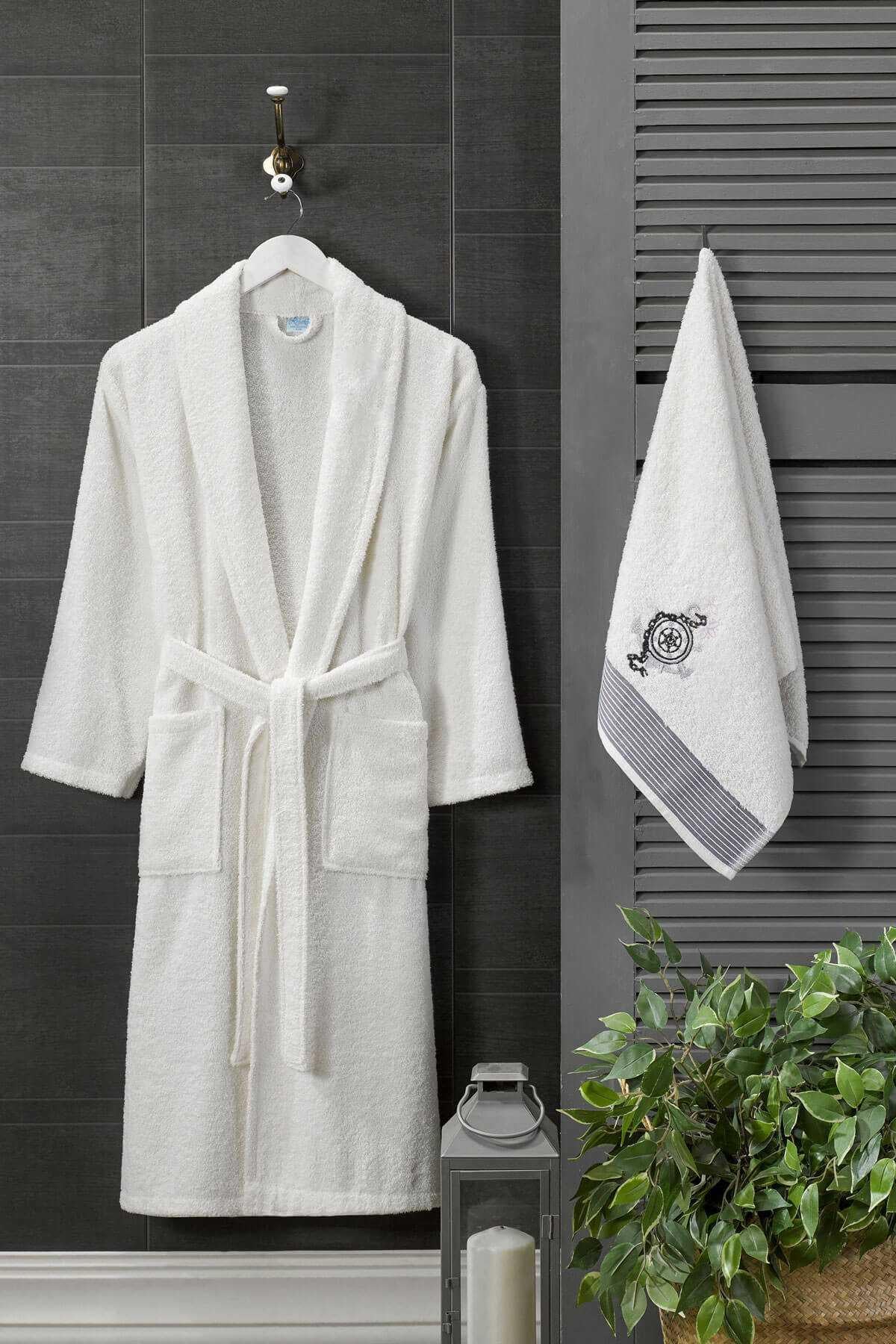 Erkek Havlulu Banyo Bornoz Takımı %100 Pamuklu Beyaz
