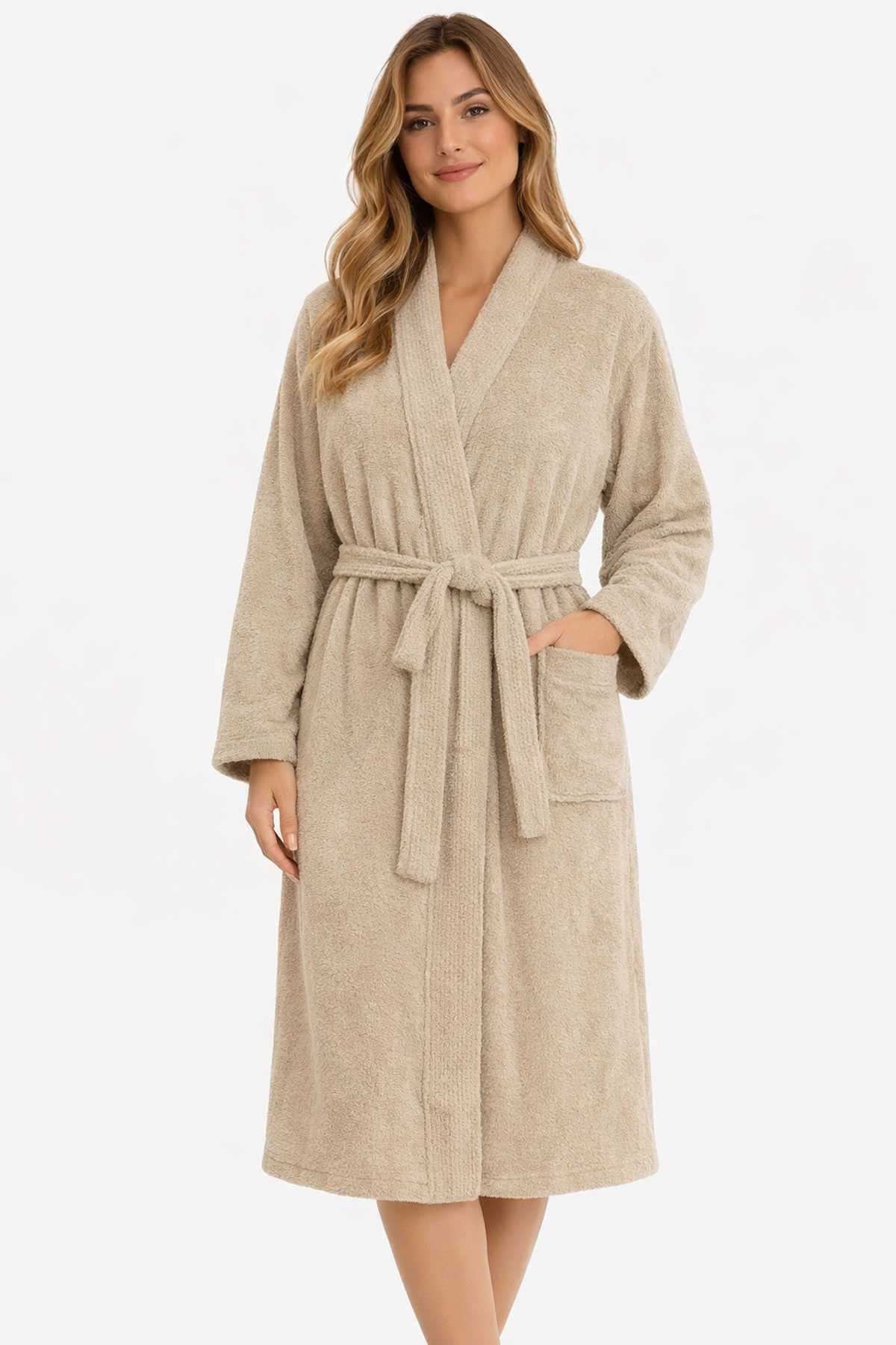 Kimono Yaka Unisex Pamuklu Tek Kişilik Bornoz Bej
