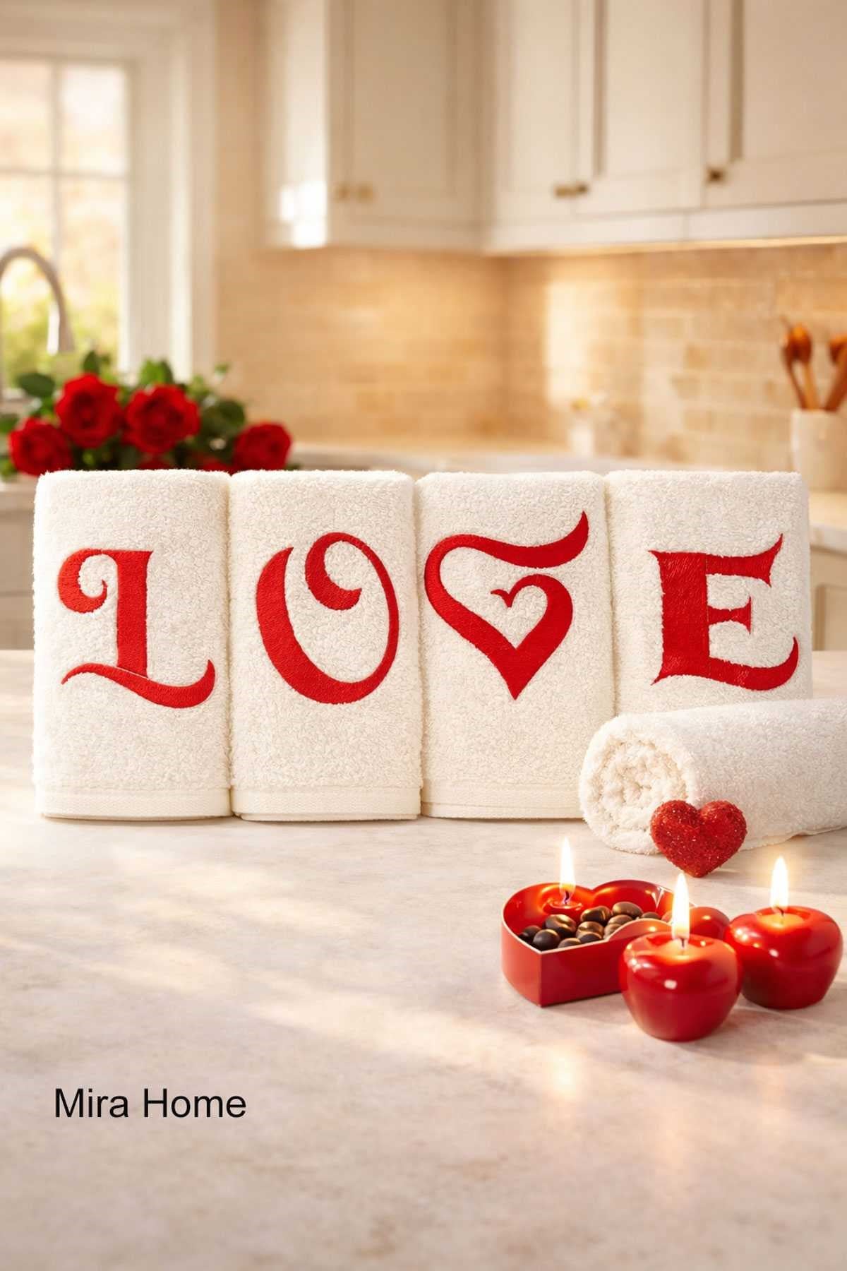 Love Nakışlı 4lü Mutfak Havlusu Seti  30x50 cm