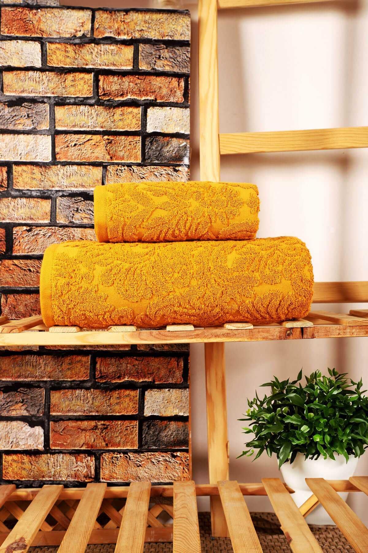 Mira Home 2 Parça Jakarlı Banyo Havlu Takımı Doku Desen Sarı