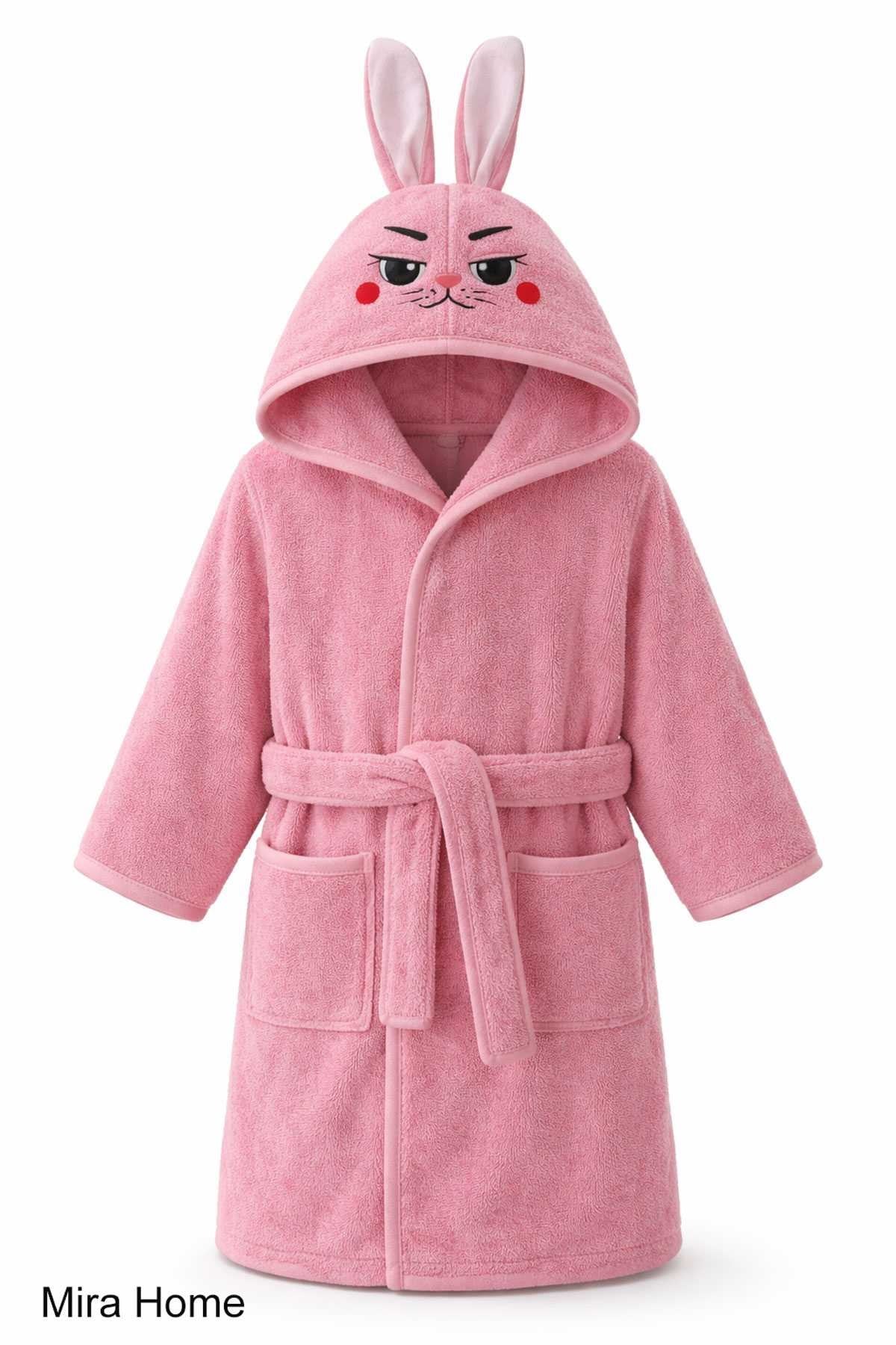Pembe Tavşan Nakışlı Kulaklı Bebek ve Çocuk Bornozu