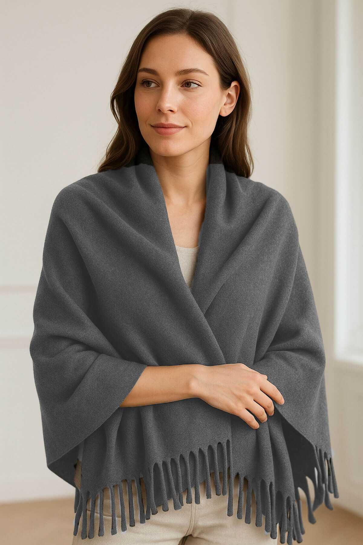 Softiva Polar Omuz Şalı 70x180 cm Unisex Kışlık Şal Antrasit Gri