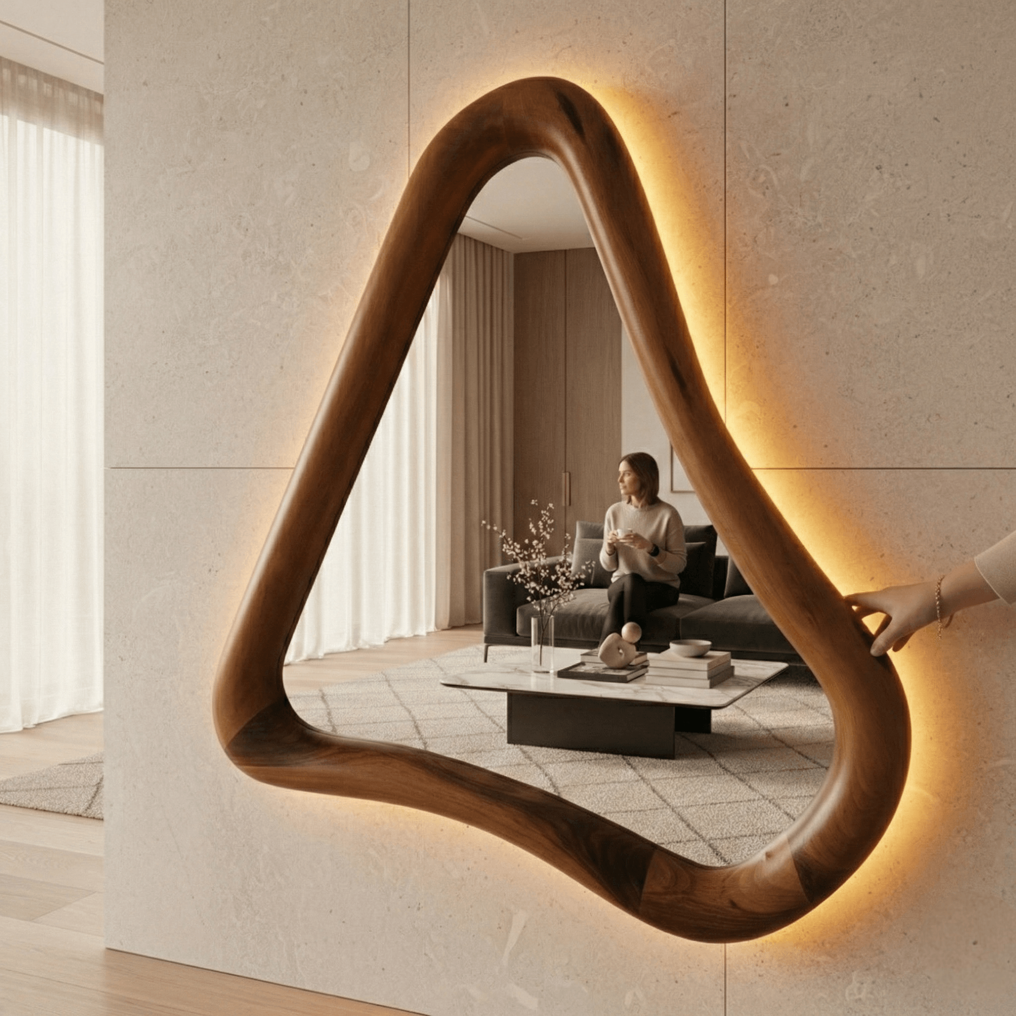 Ceviz Çerçeveli Amber LED'li Üçgen Modeli Ayna