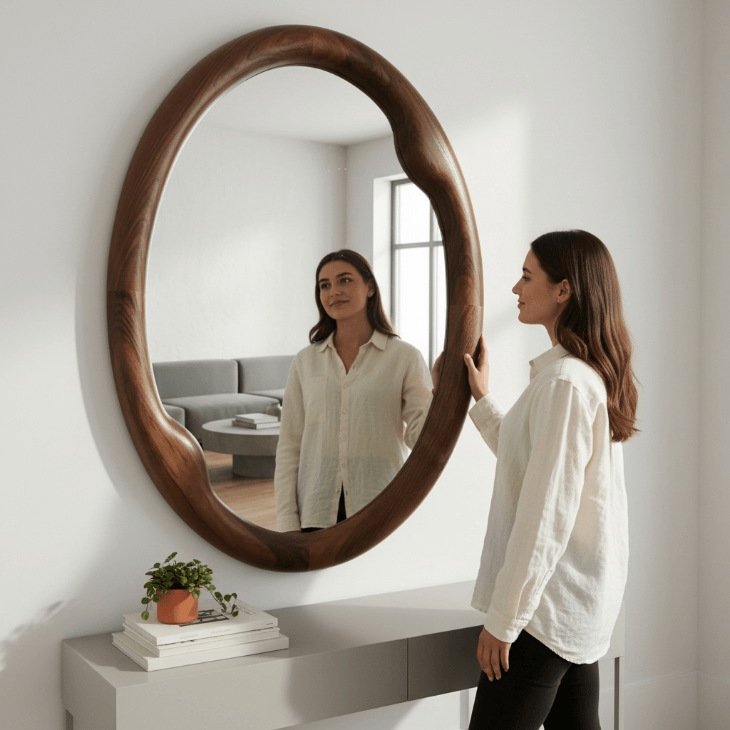 Ceviz Çerçeveli Elips Modeli Ayna