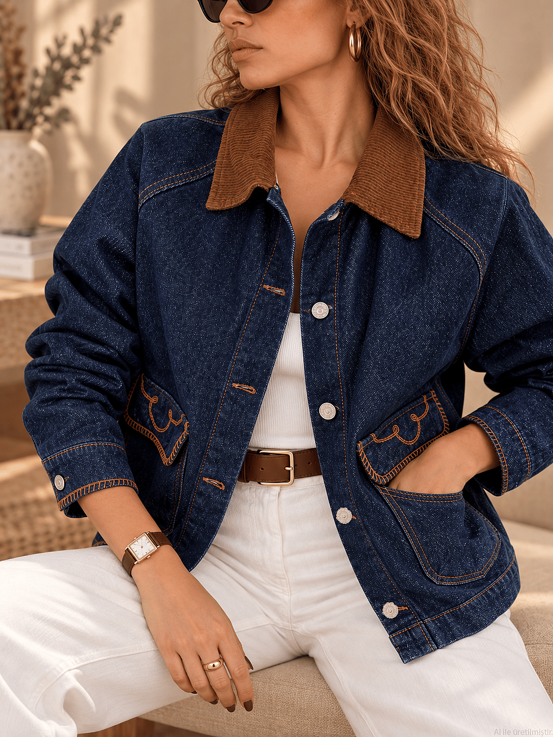 Lacivert Denim Kahve Kadife Yaka Cepli Nakışlı Ceket