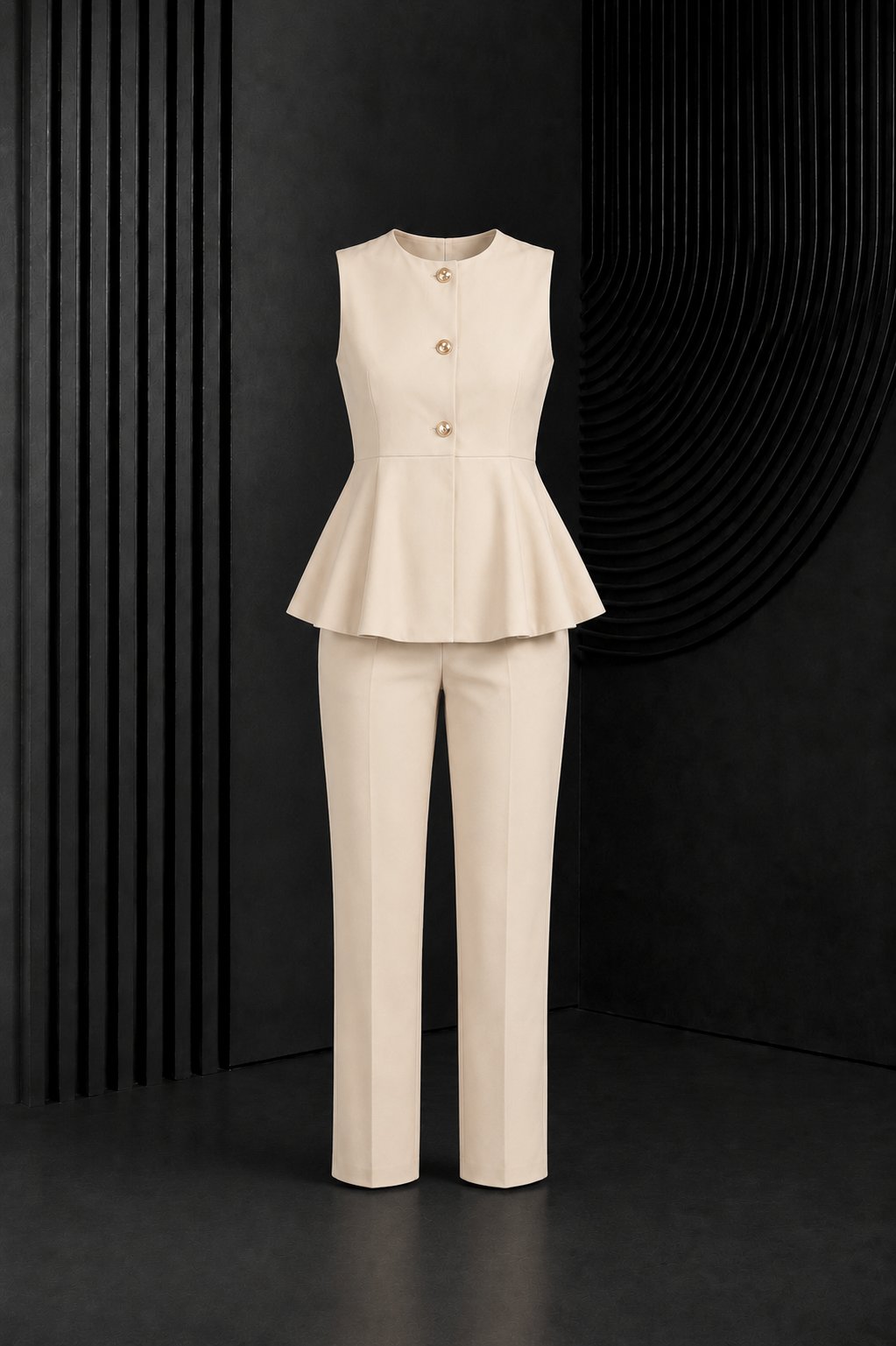 Taş Gold Düğmeli Peplum Detaylı Kolsuz Yelek Pantolon Takım