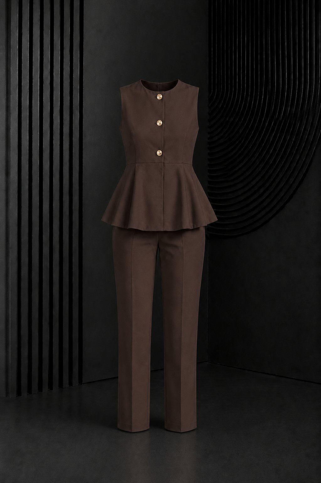 Kahve Gold Düğmeli Peplum Detaylı Kolsuz Yelek Pantolon Takım