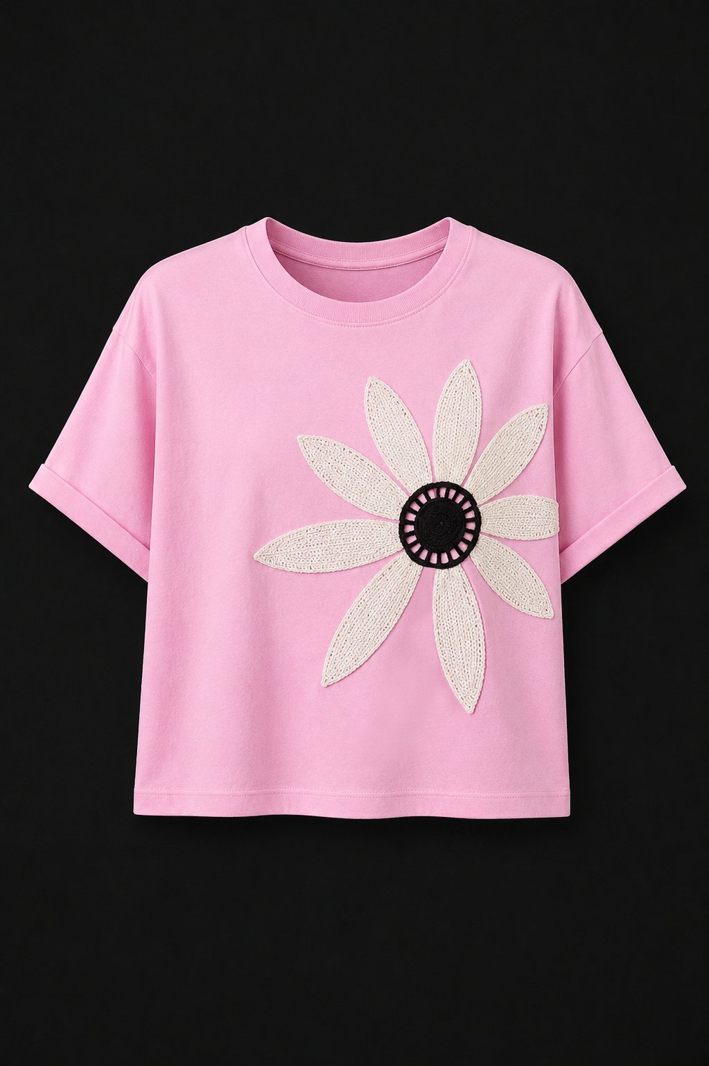 Pembe Pamuklu Bisiklet Yaka Rahat Kalıp Papatya Nakışlı T-Shirt