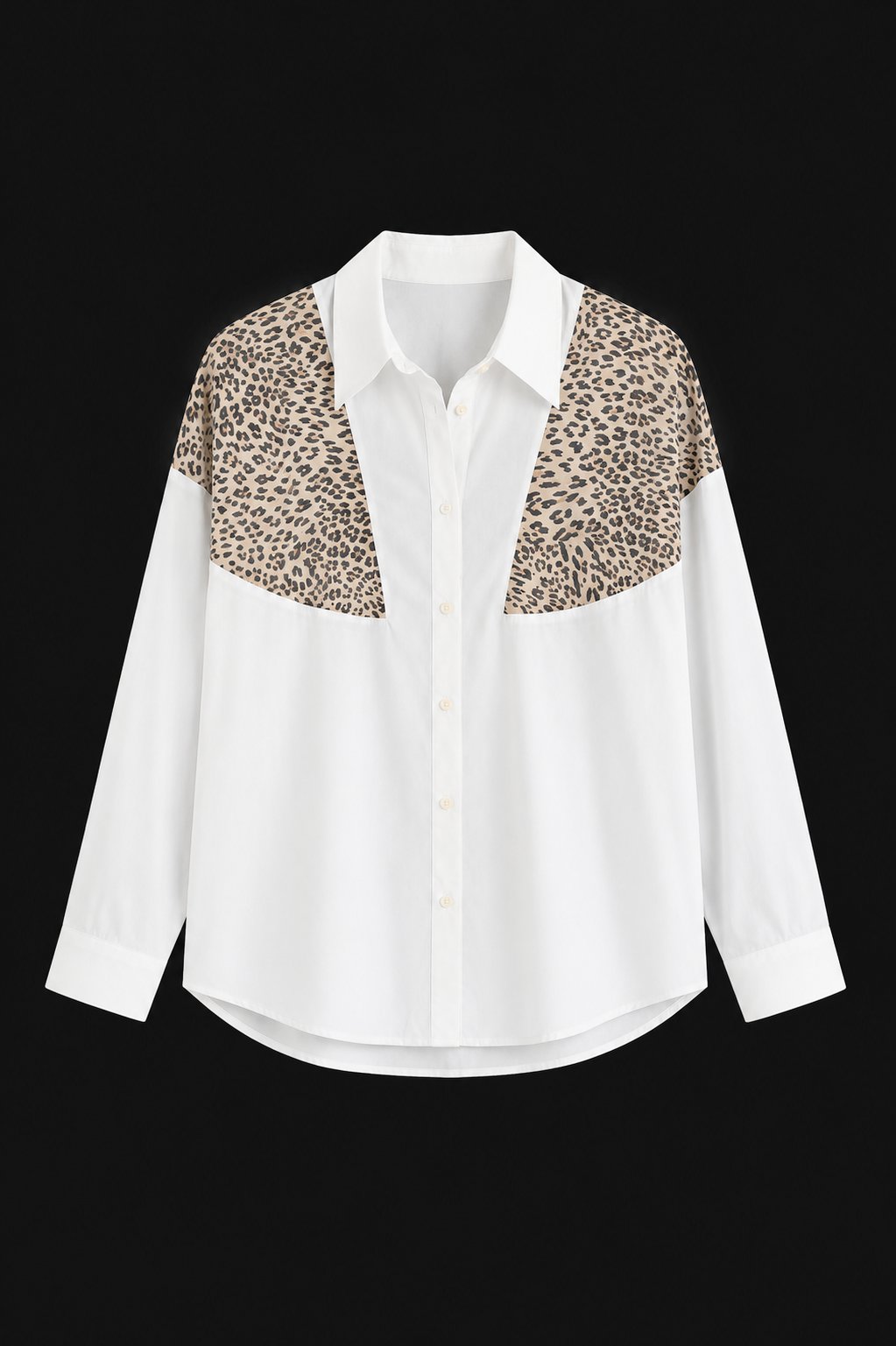 Kadın Beyaz Tasarım Leopar Detay Oversize Poplin Pamuklu Gömlek