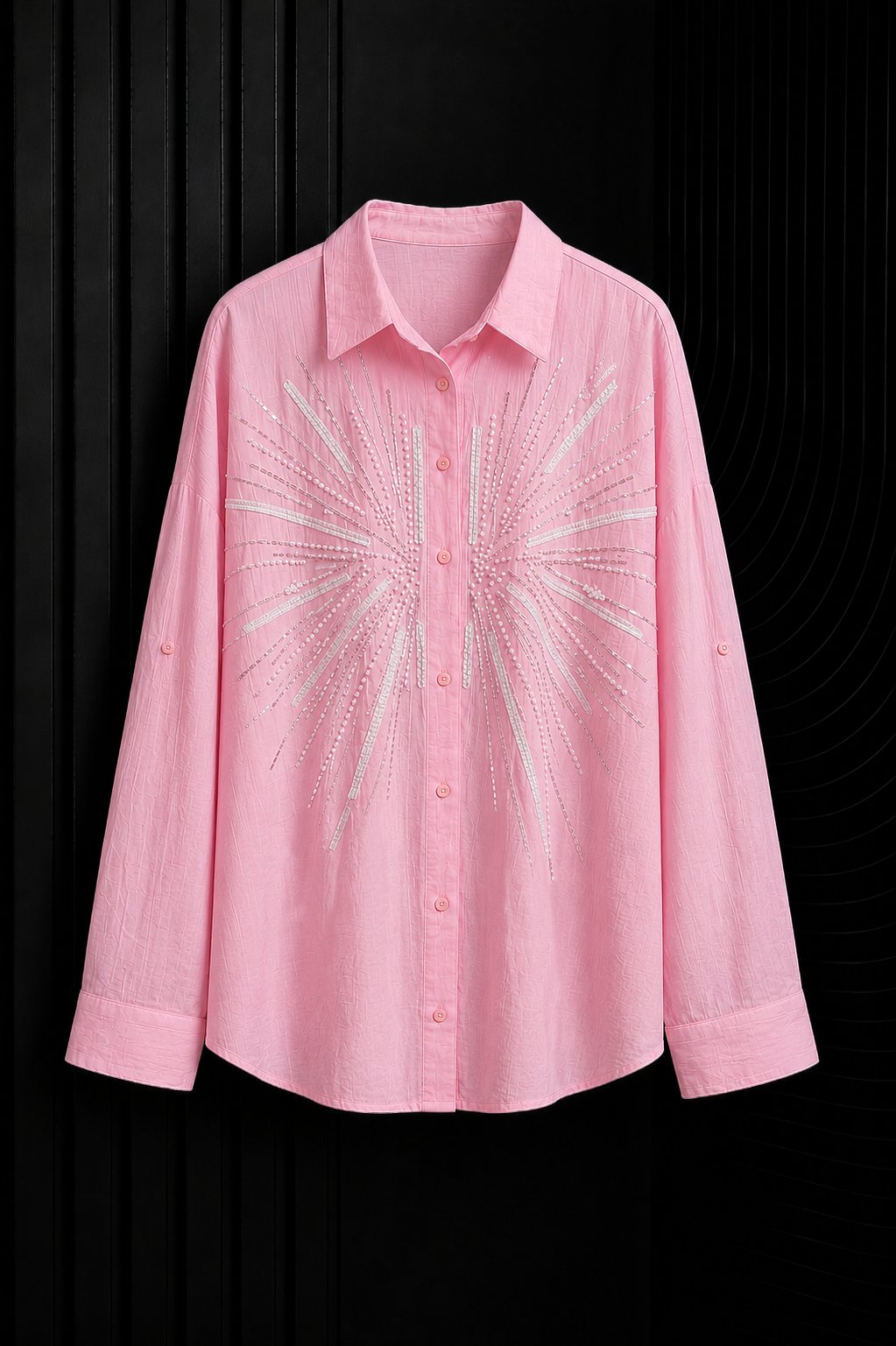Pembe Boncuk İşlemeli Oversize Salaş Pamuk Viskon Gömlek