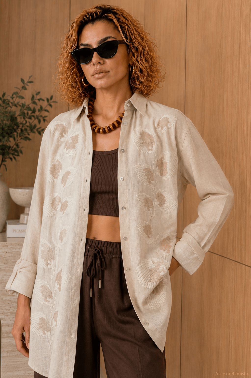 Naturel Nakış Detaylı Oversize Pamuk Keten Gömlek