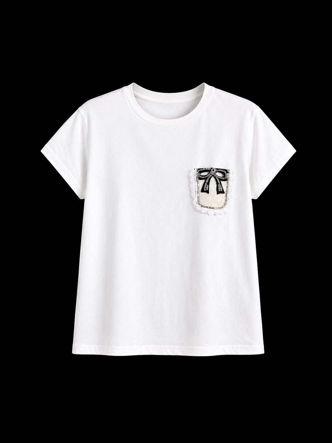 Ekru Bisiklet Yaka Cep Detaylı Taşlı Pamuk T-Shirt