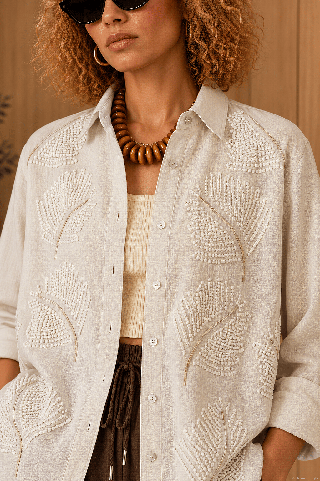 Naturel Nakış Detaylı Oversize Pamuk Keten Gömlek