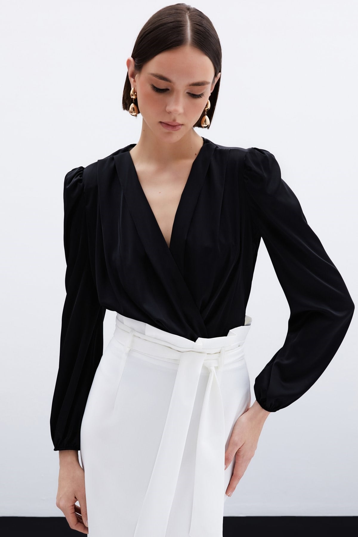 Kruvaze Saten Body Suit Bluz Siyah
