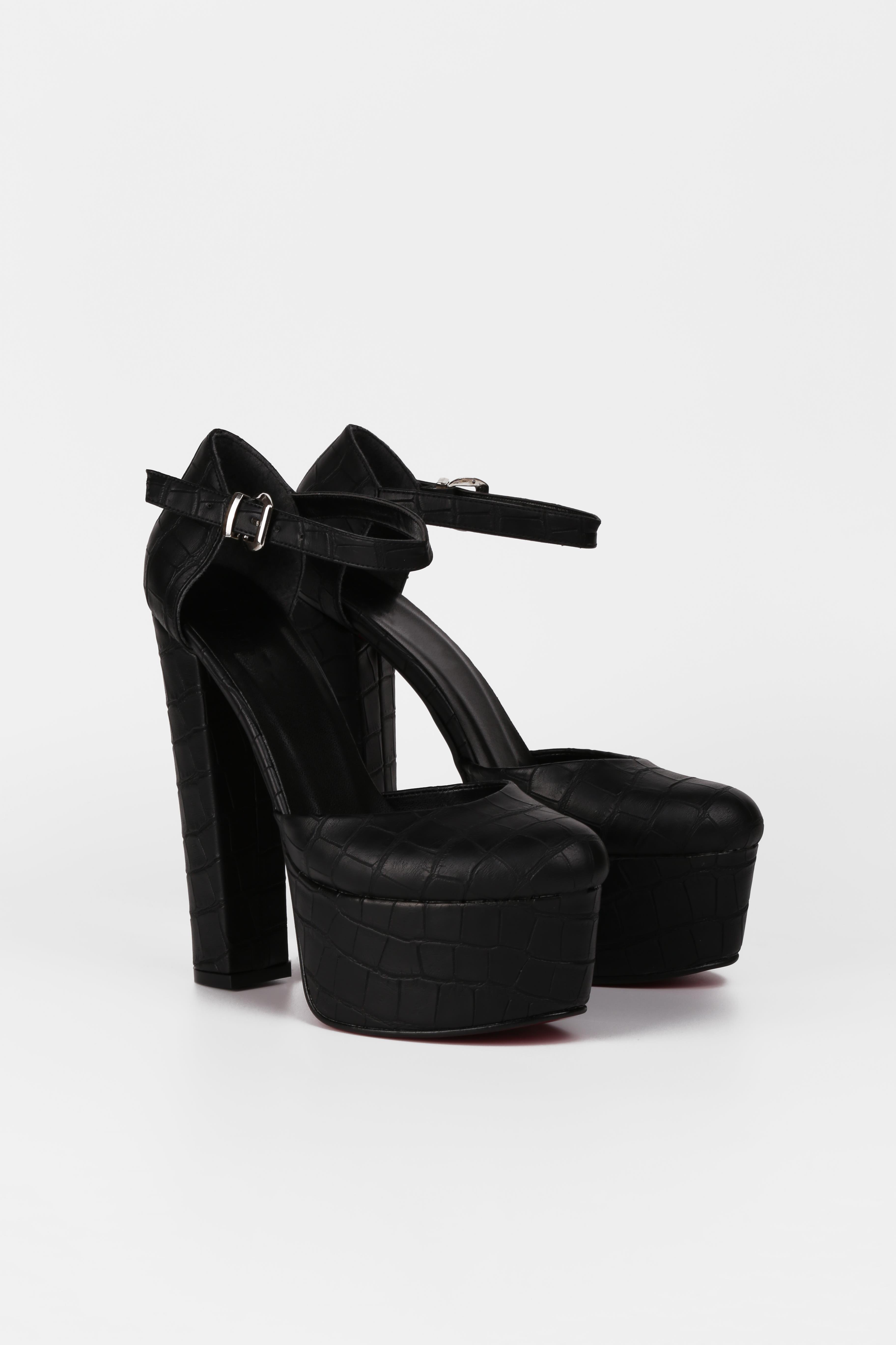 Extra Shoes İstanbul Kadın Siyah Kroko Cilt Platform Bant detaylı Stiletto