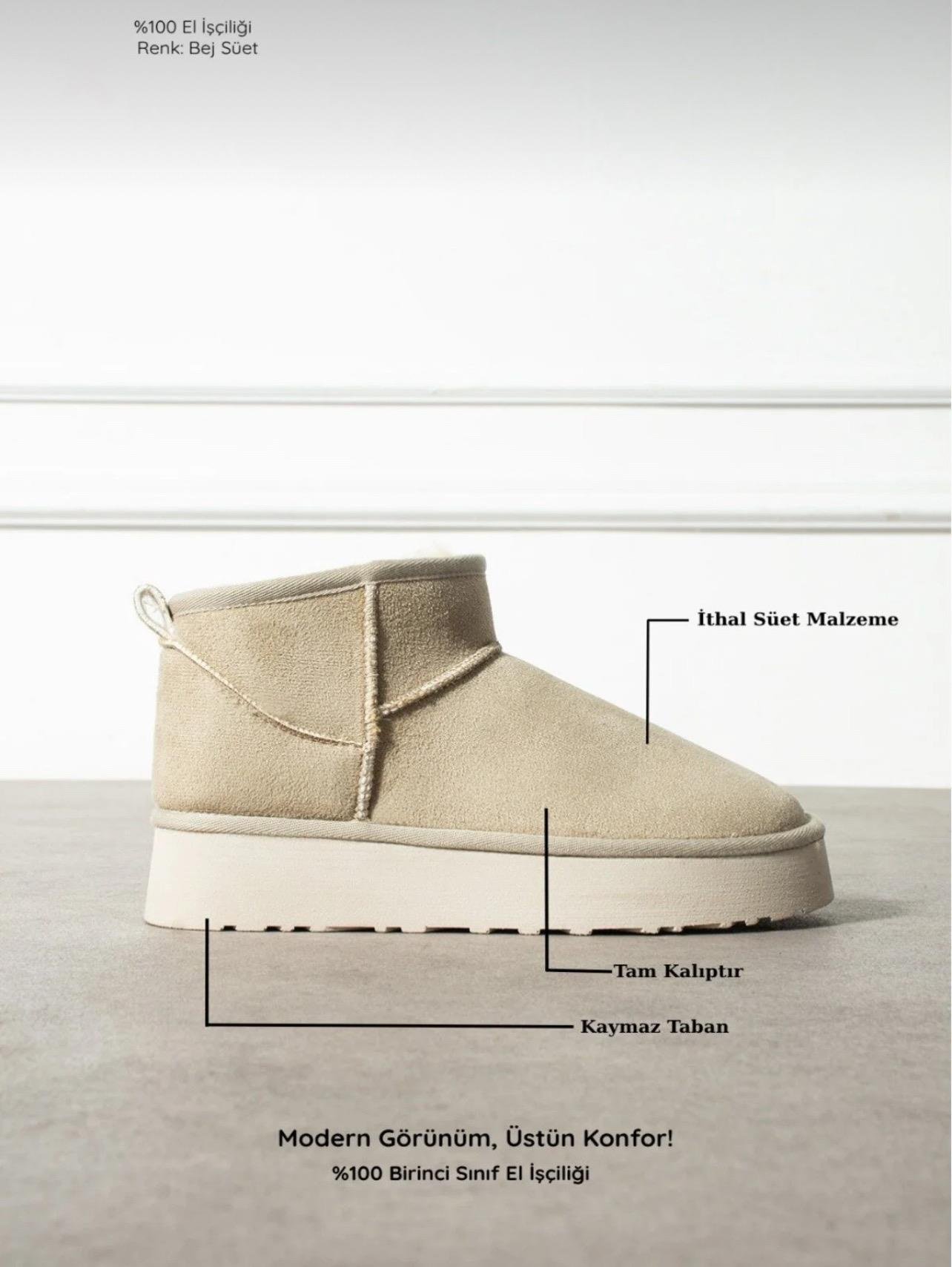 Extra Shoes İstanbul Mini Bej Süet İçi Kürklü Kalın Taban Kadın Bot