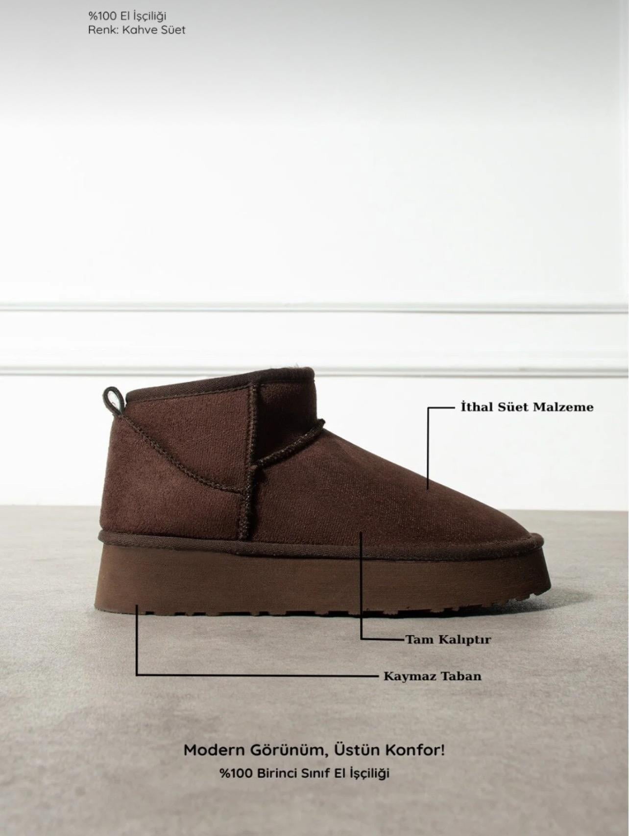 Extra Shoes İstanbul Mini Kahverengi Süet İçi Kürklü Kalın Taban Kadın Bot